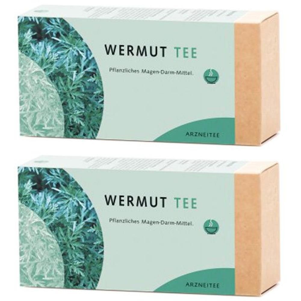Zwei Packungen Wermut Tee mit pflanzlichem Magen-Darm-Mittel Aufdruck.