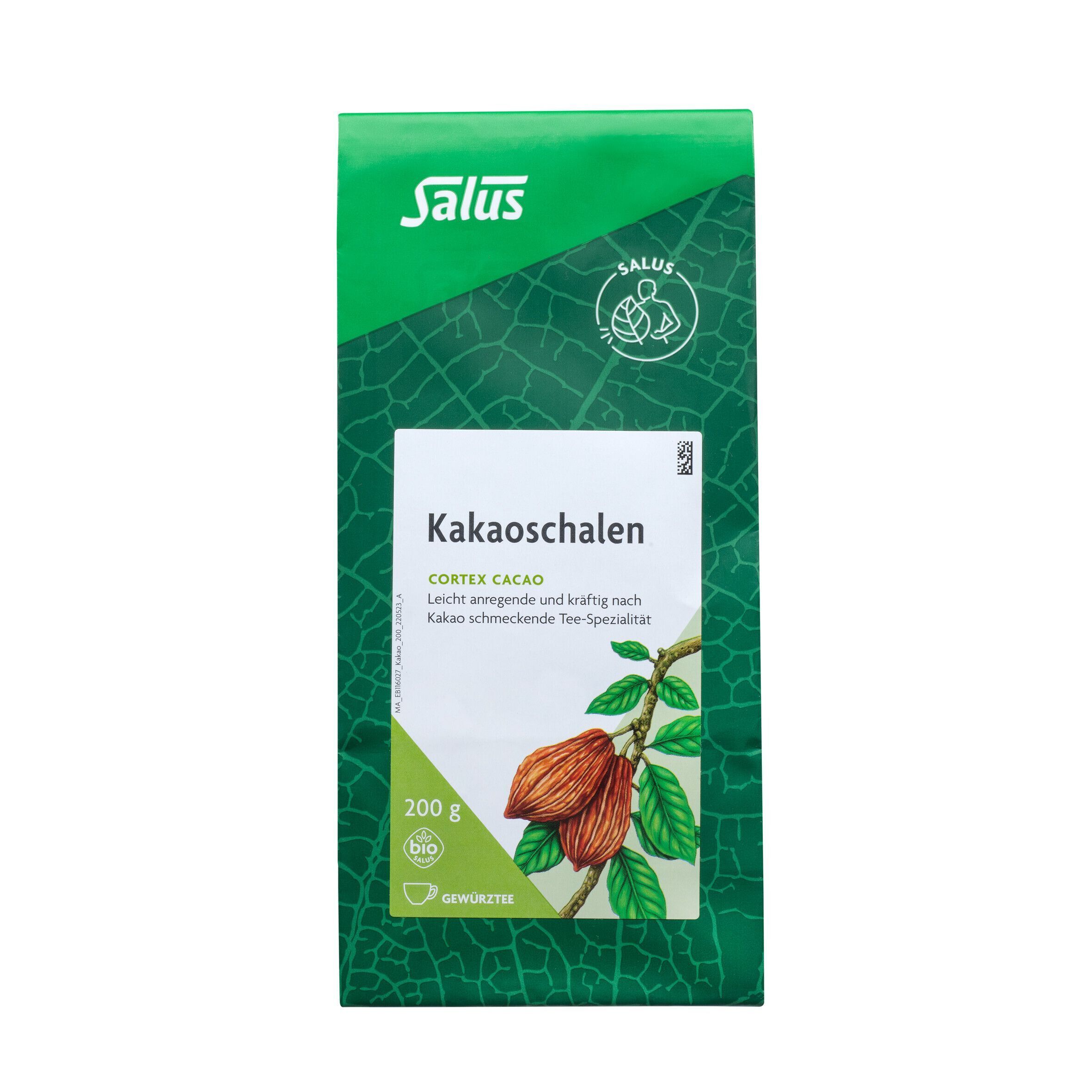 Eine Packung Salus Kakaoschalen Tee, 200g, mit Abbildung von Kakaobohnen am Zweig.