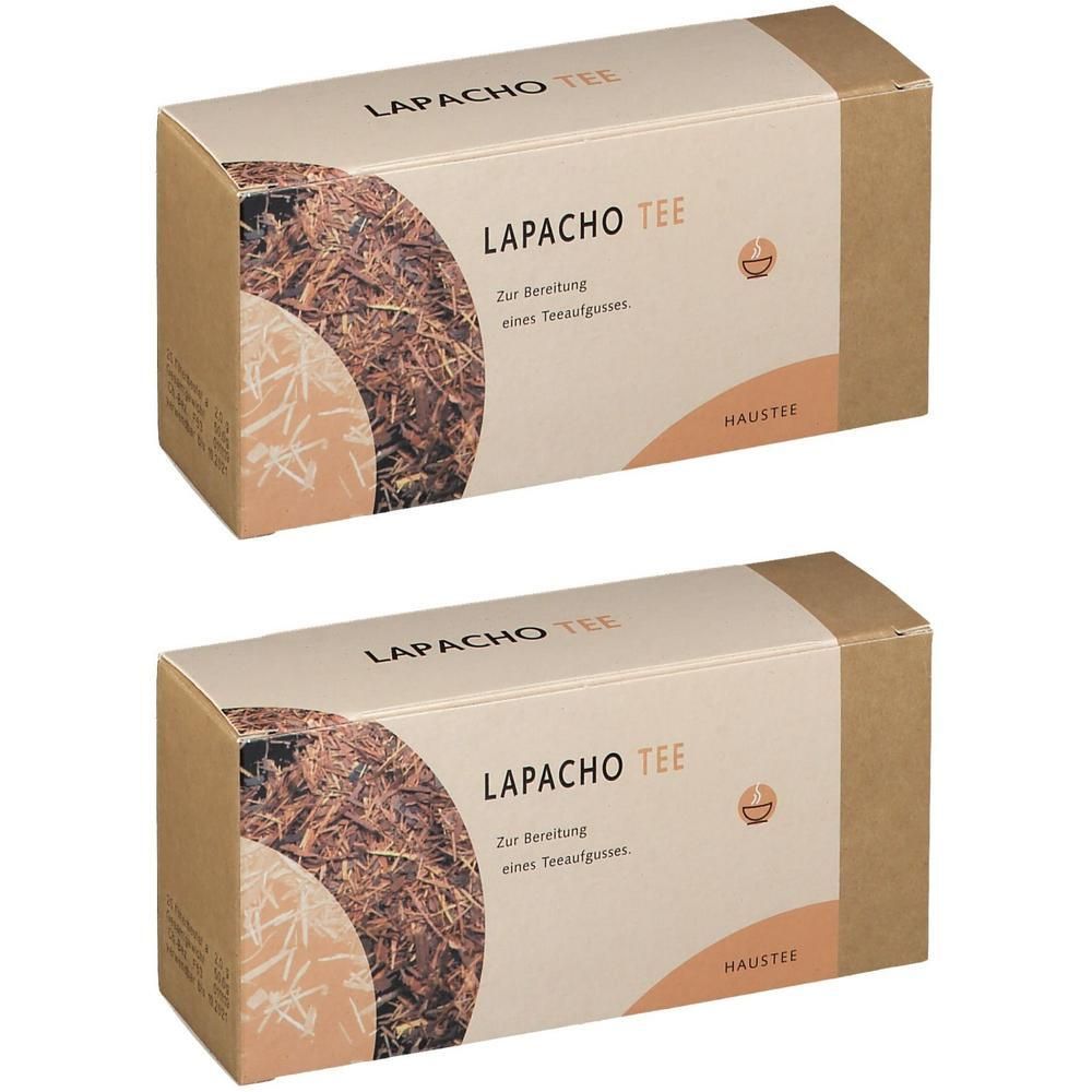 Zwei rechteckige Kartons mit Aufschrift LAPACHO TEE. Braune Verpackung mit hellem Deckel. Inhalt: getrocknete Kräuter.