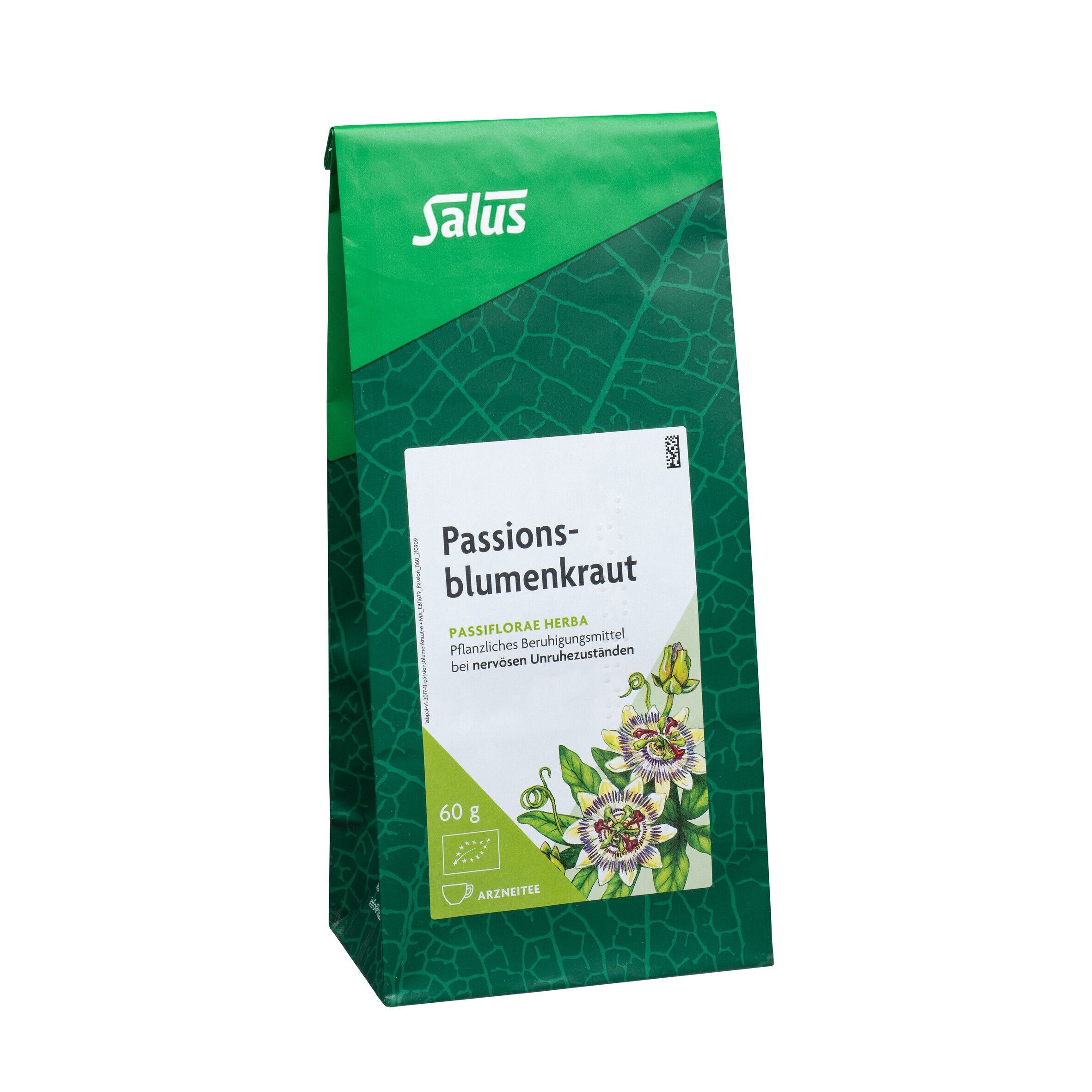 Eine 60g Packung Salus Passionsblumenkraut Tee mit Abbildung der Pflanze und Bio-Siegel.