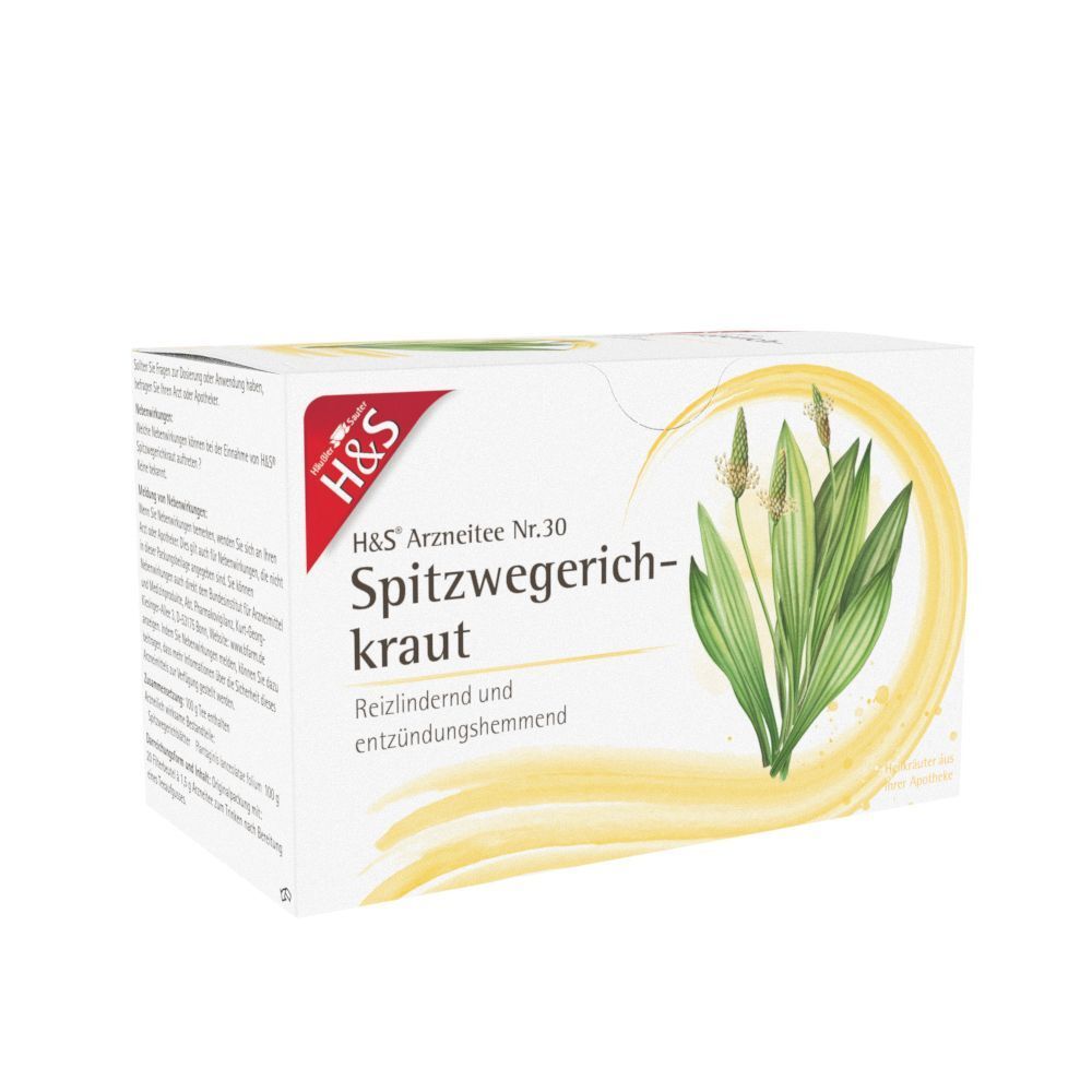 Packung H&S Spitzwegerichkraut Tee Nr. 30 mit detaillierter Abbildung der Pflanze und Text.