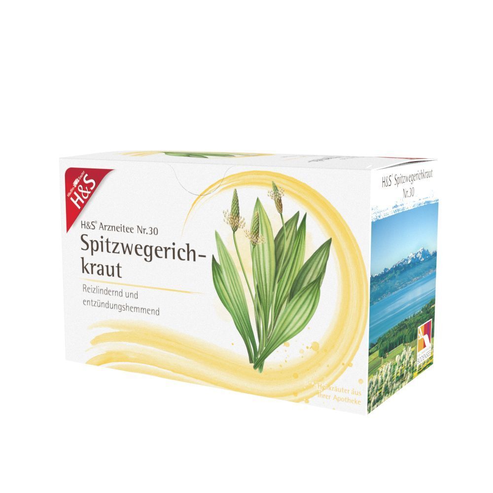 H&S Spitzwegerichkraut Tee Nr. 30 Packung mit Vorder- und Seitenansicht, zeigt Pflanze und Landschaft.
