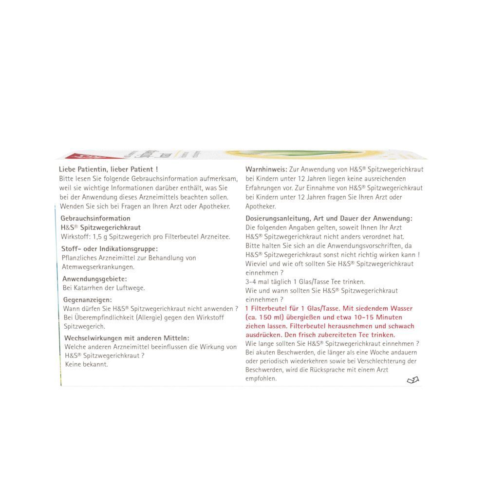 Rückseite einer Packung H&S Spitzwegerichkraut Tee Nr. 30 mit Anwendungsinformationen.