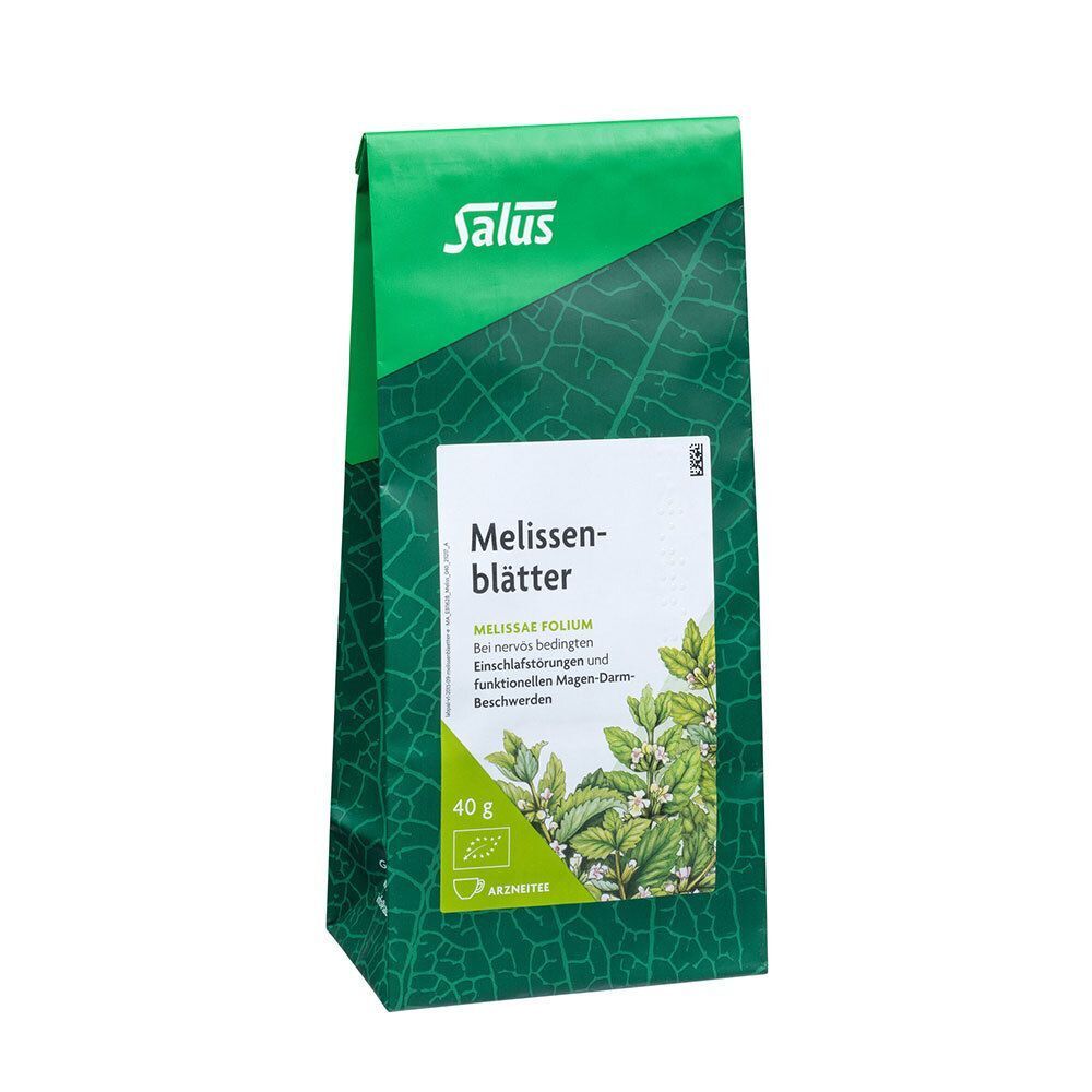 Eine Packung Salus Melissenblätter Tee, 40g, mit Kräutern.