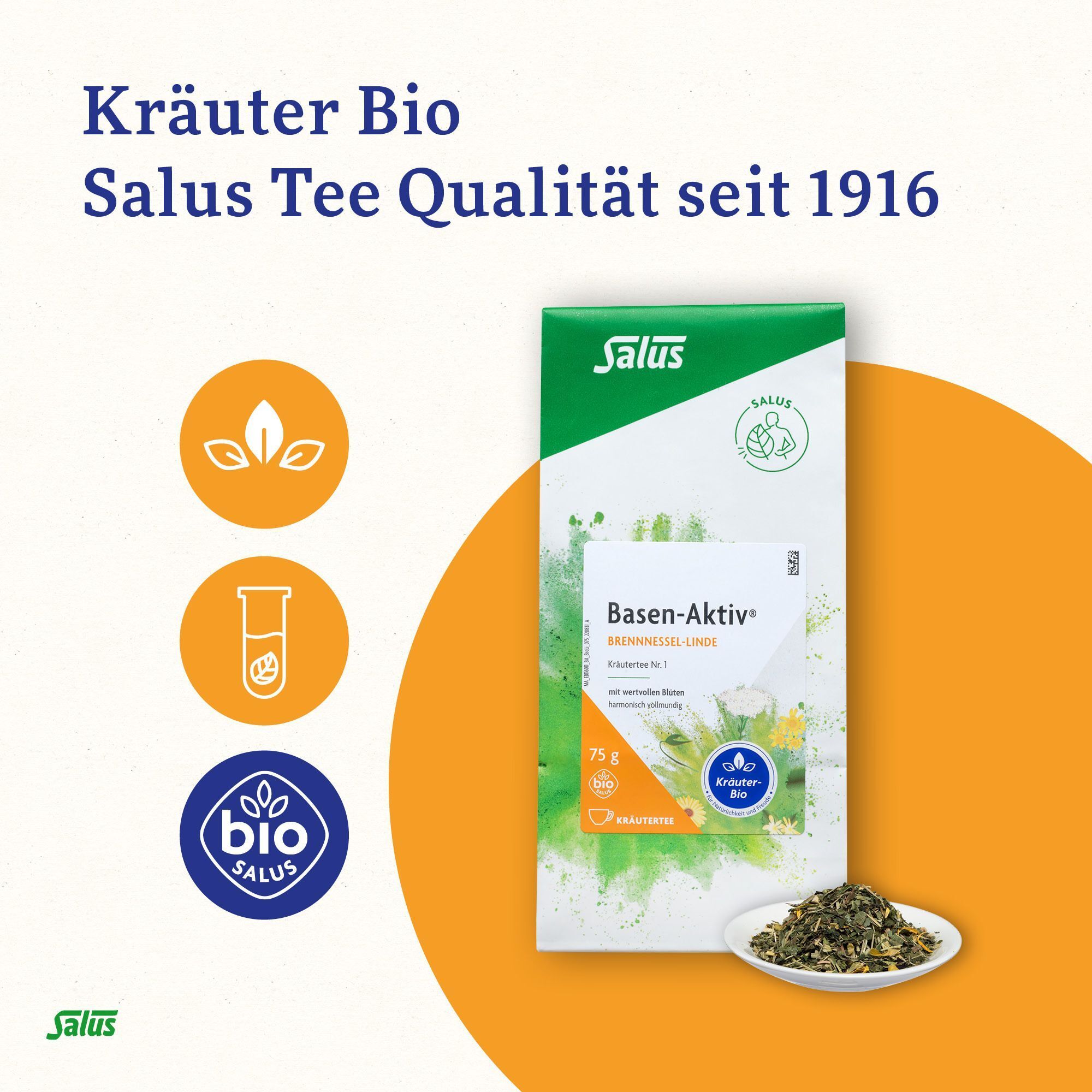Verpackung BASEN AKTIV NR1 BREN LINDE Bio, Salus-Logo, Bio-Siegel. Daneben Icons und Kräutermischung auf Teller.