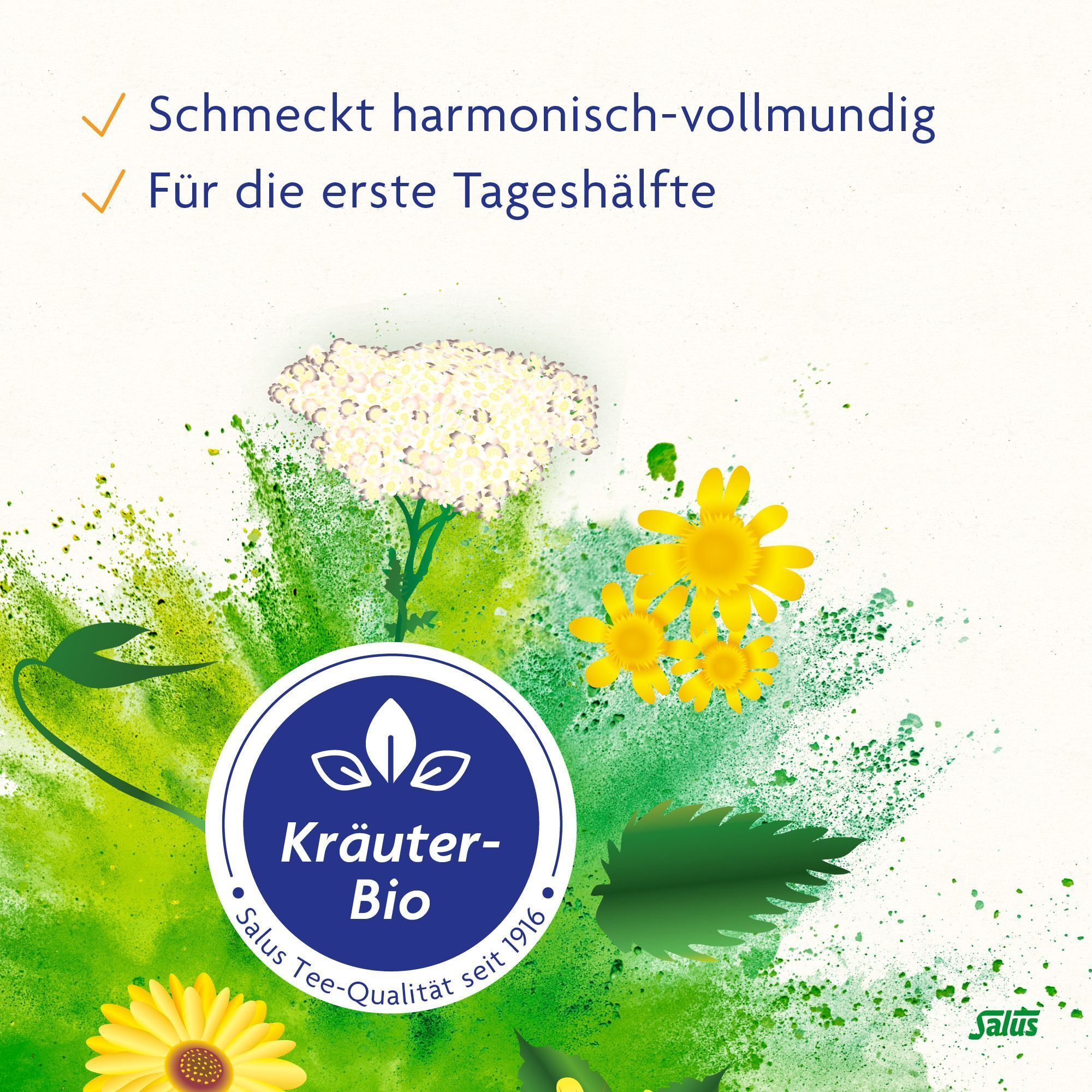 Blüten und Kräuter. Kräuter-Bio-Siegel. Text: Salus Tee Qualität seit 1916. Salus-Logo.
