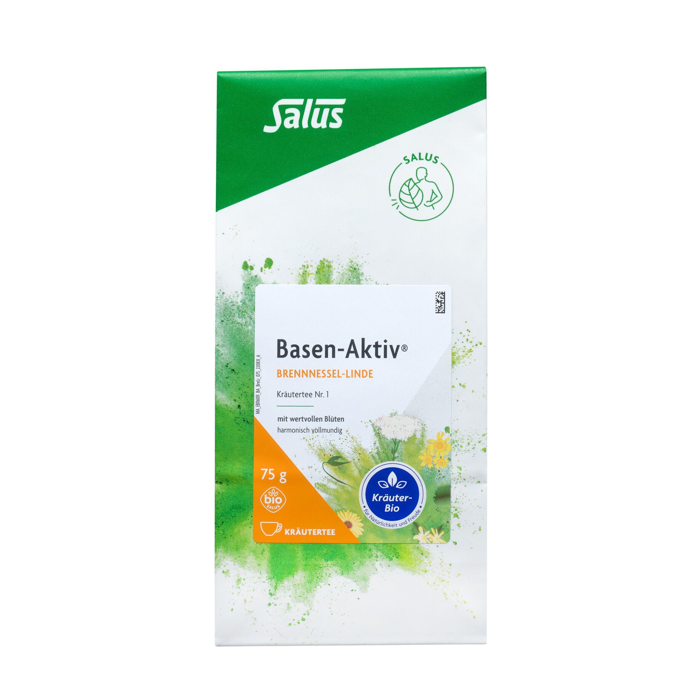 Verpackung BASEN AKTIV NR1 BREN LINDE, Salus-Logo, Bio-Siegel. Kräutermischung, 75 g.