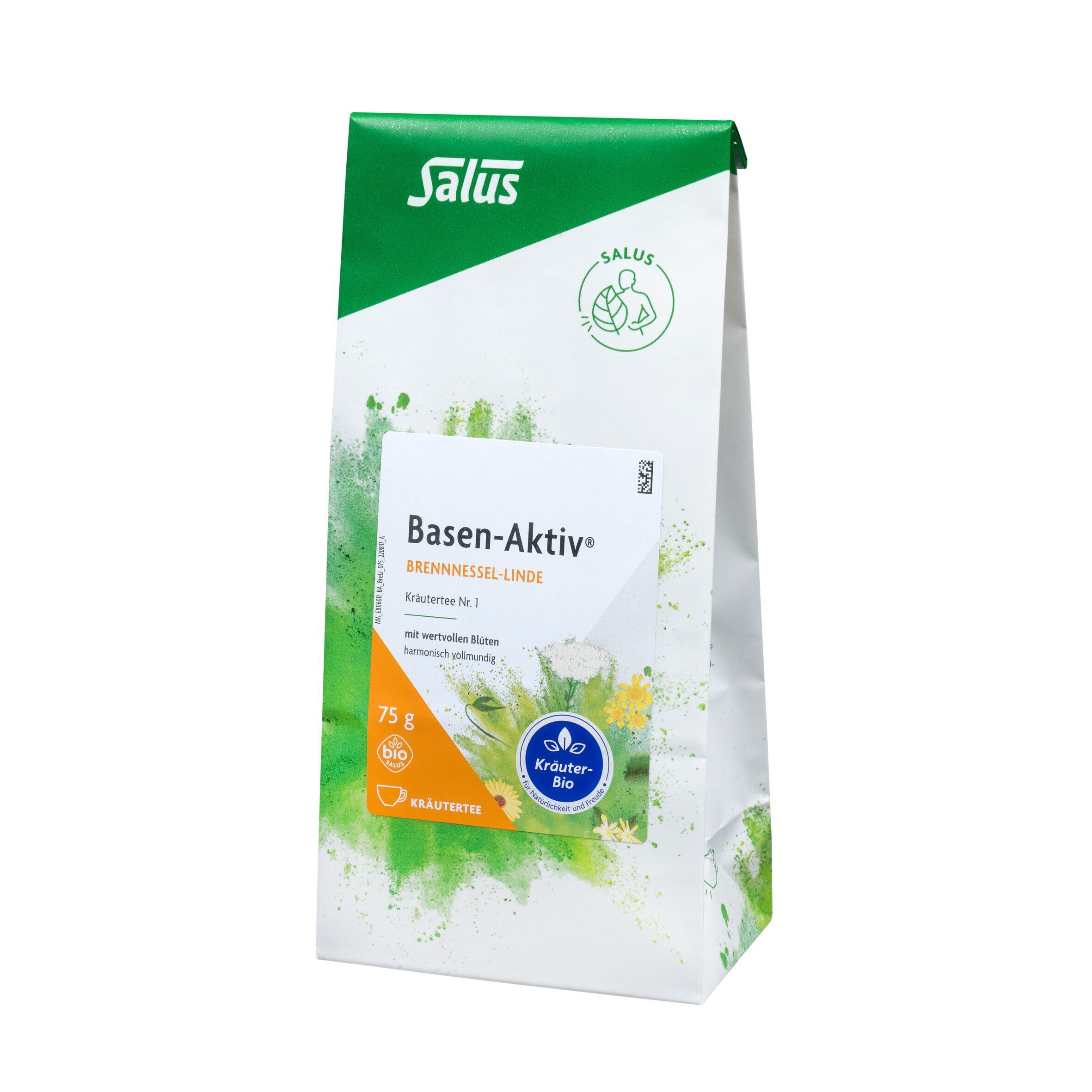Verpackung BASEN AKTIV NR1 BREN LINDE, Salus-Logo, Bio-Siegel. Kräutermischung, 75 g.