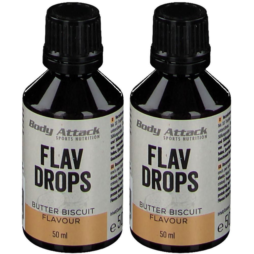 Zwei Flaschen mit schwarzem Deckel. Aufschrift: FLAV DROPS, Butter Biscuit Flavour, 50 ml. Marke: Body Attack.