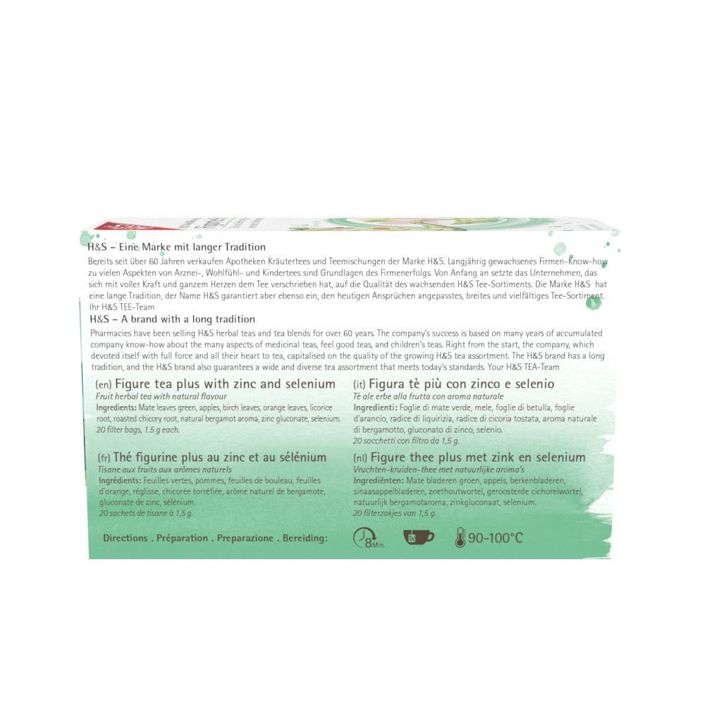Rückseite der H&S Figurtee Plus Packung. Text in Deutsch, Englisch, Französisch und Italienisch. Zubereitungshinweise.