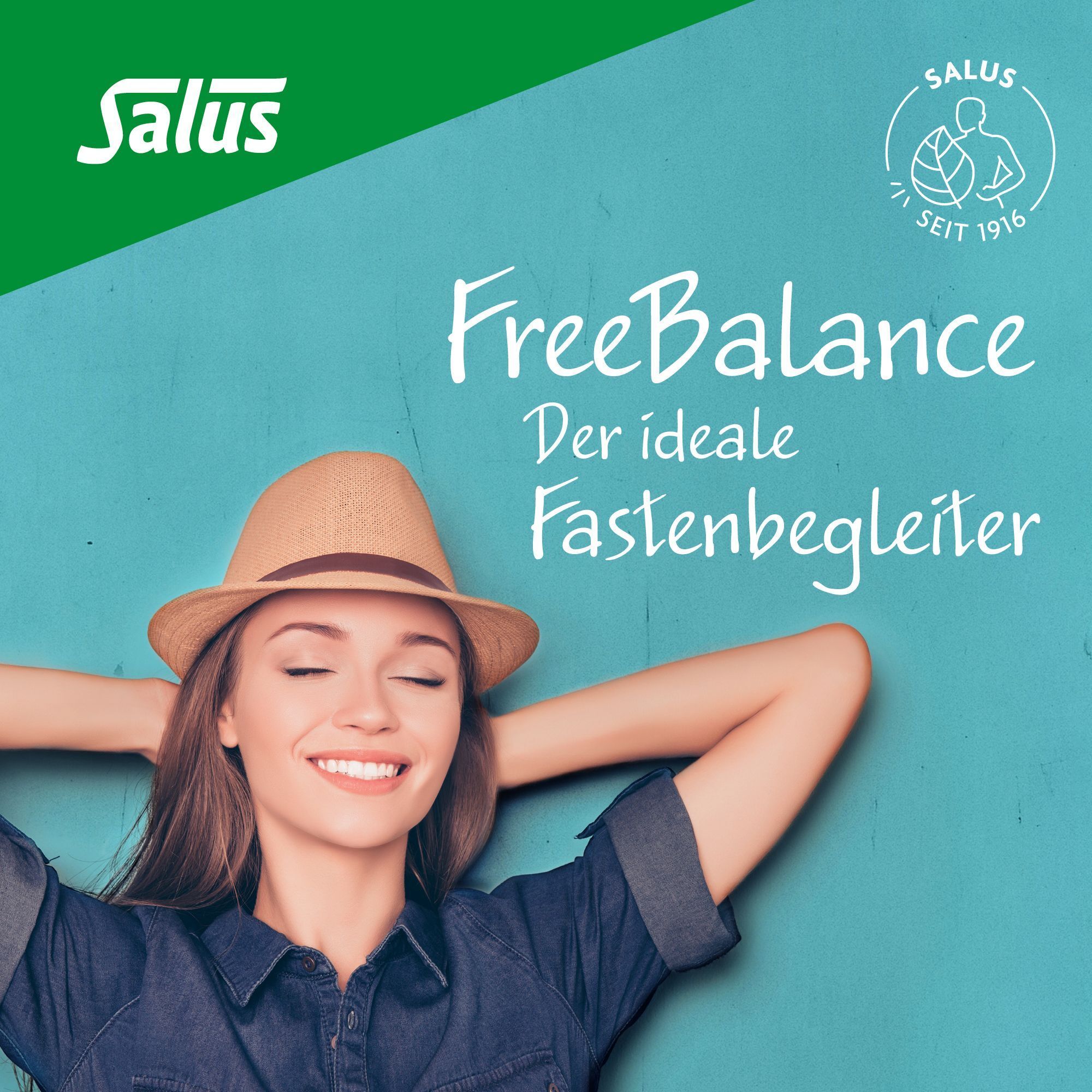 Eine Frau mit Hut und geschlossenen Augen. Text: Salus, FreeBalance, Der ideale Fastenbegleiter.