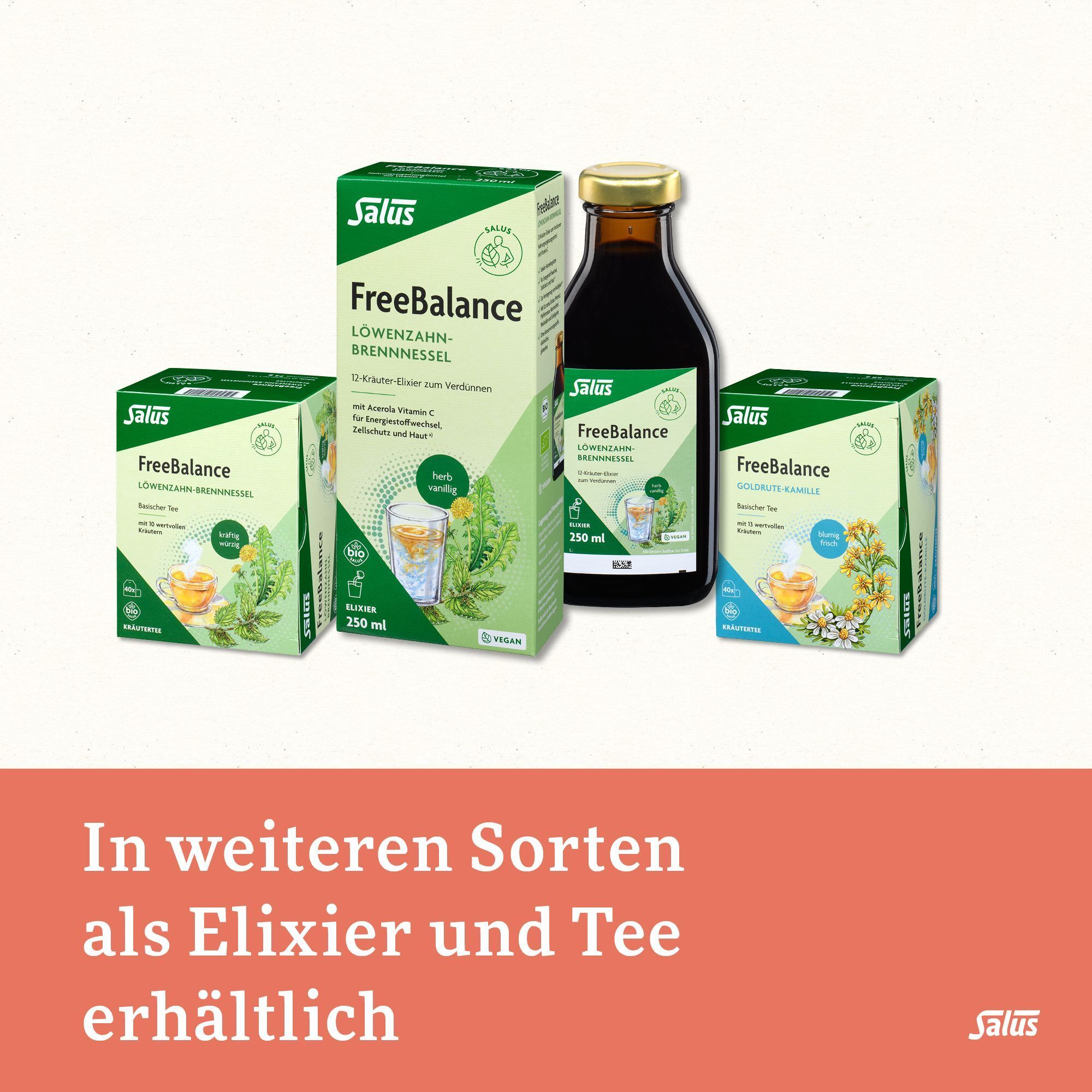Verschiedene FreeBalance Produkte: Tee, Elixier. Text: In weiteren Sorten als Elixier und Tee erhältlich. Salus Logo.
