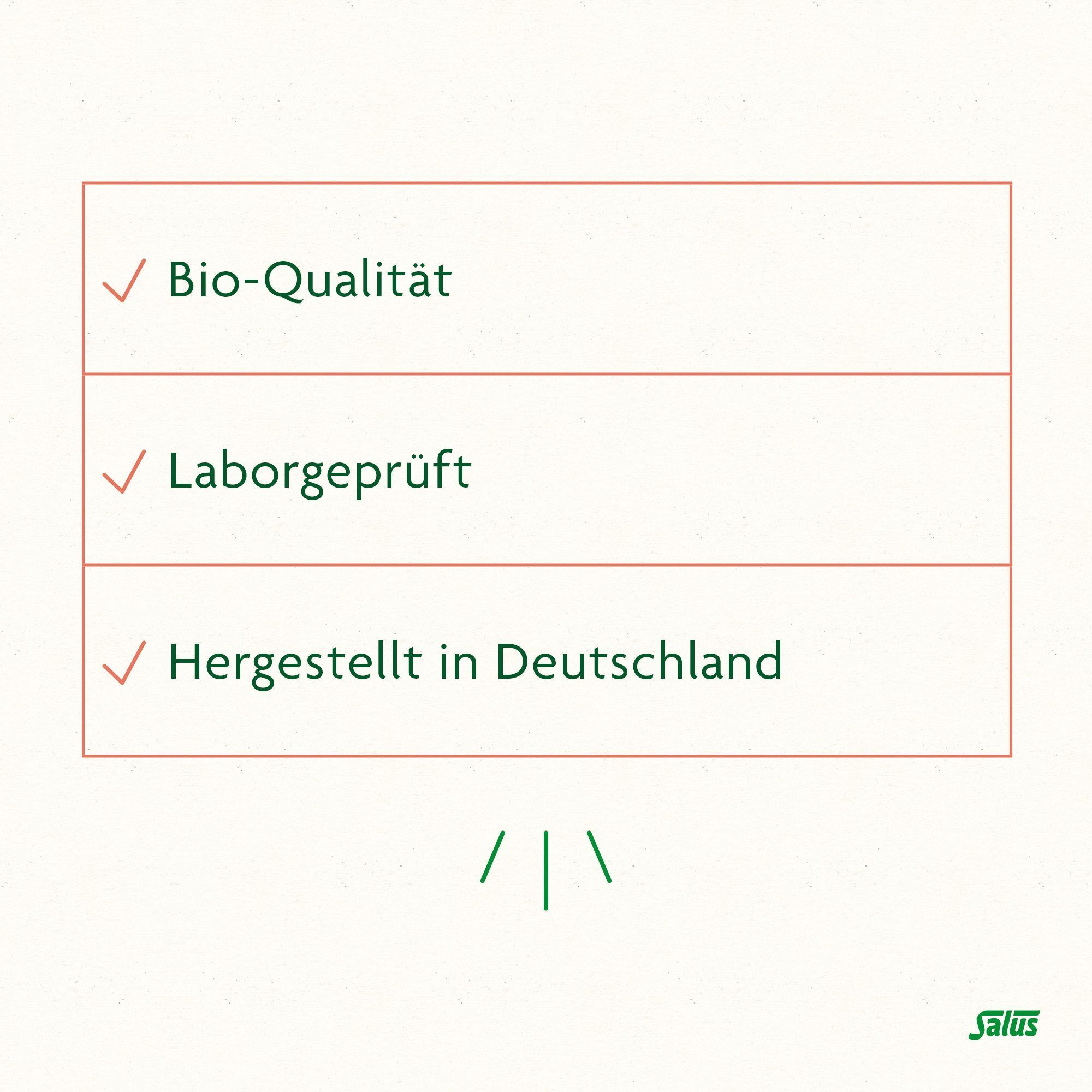 Text: Bio-Qualität, Laborgeprüft, Hergestellt in Deutschland. Salus Logo.
