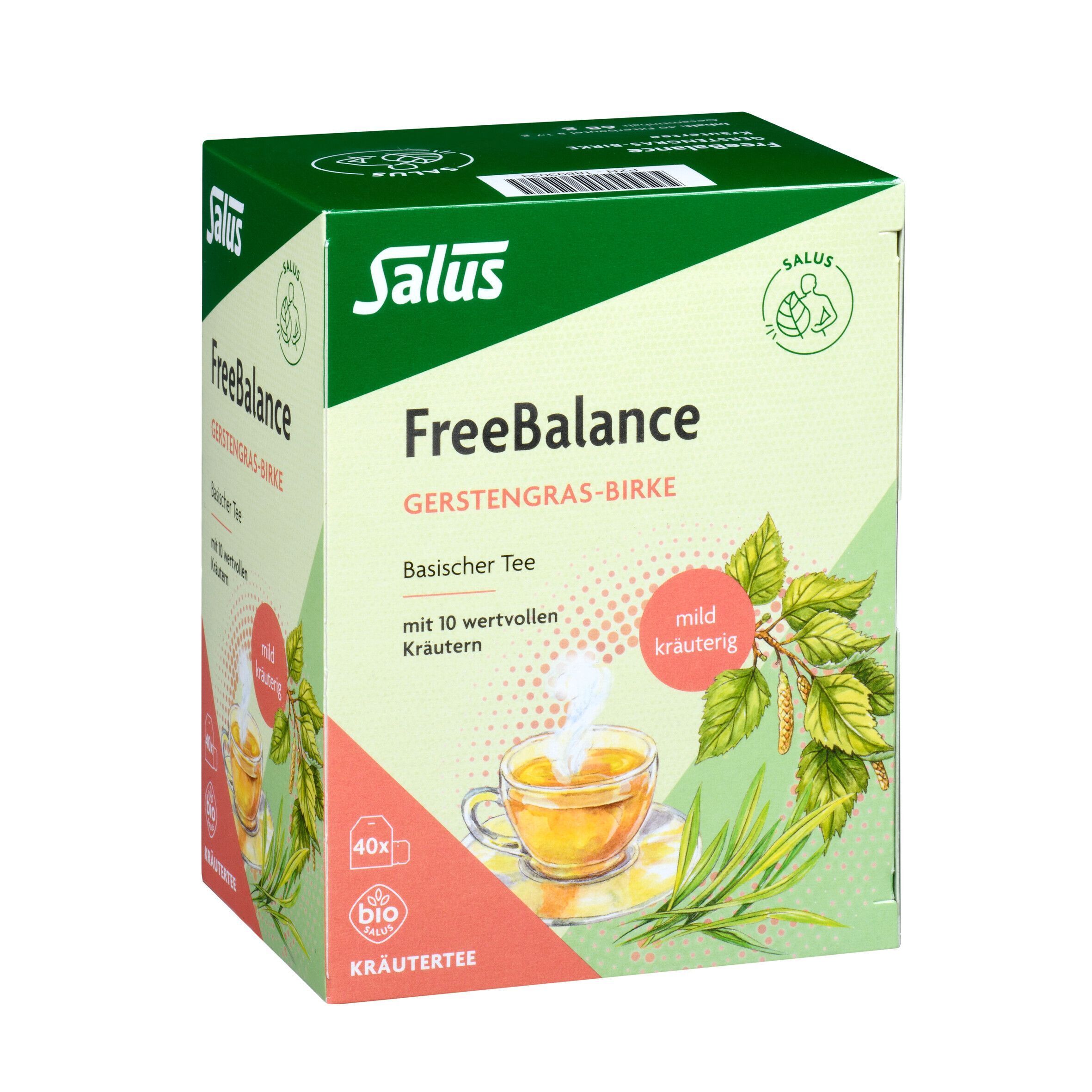 Packung Salus FreeBalance Gerstengras-Birke Basischer Tee. Text: mit 10 wertvollen Kräutern, mild kräuterig. 40x Kräutertee.
