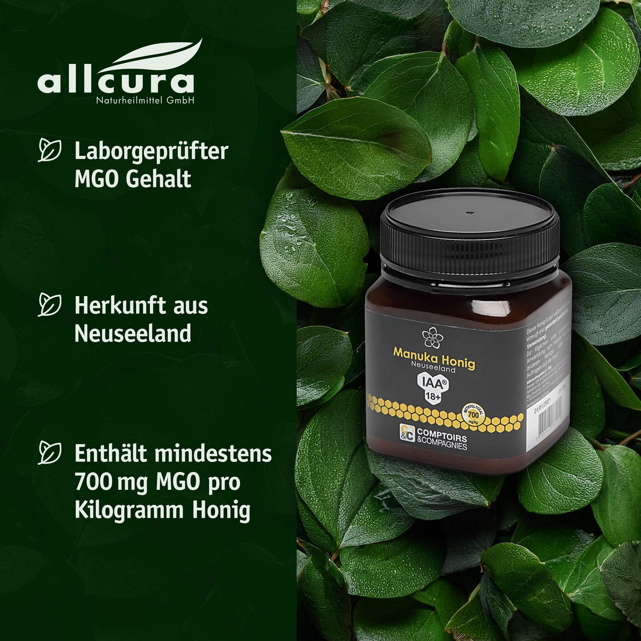 Glas Manuka Honig vor grünem Blattwerk. Etikett mit Informationen zu MGO-Gehalt, Herkunft und Qualität.
