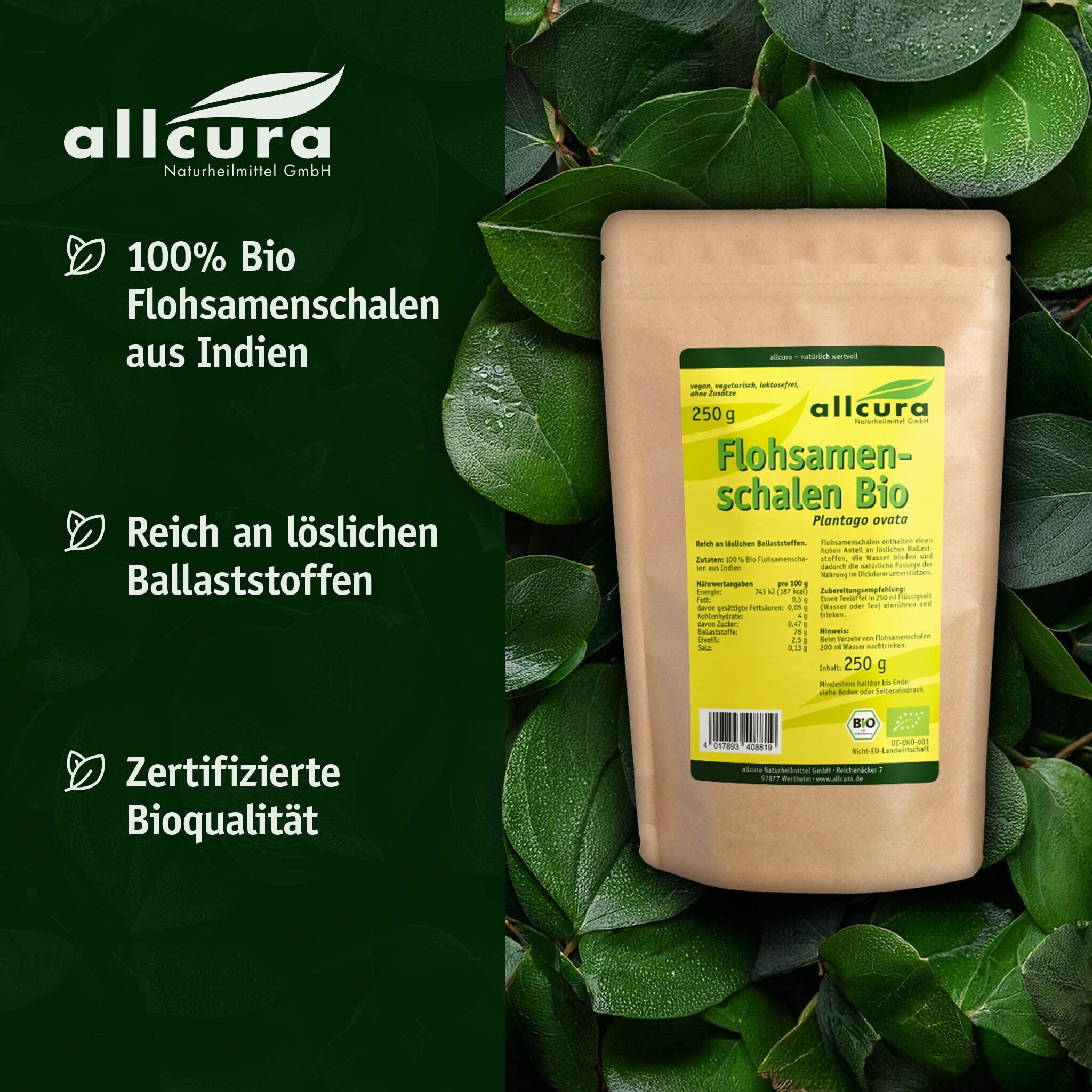 Packung allcura Flohsamenschalen Bio (250g) mit Hinweisen zu Bio-Qualität und Ballaststoffen.
