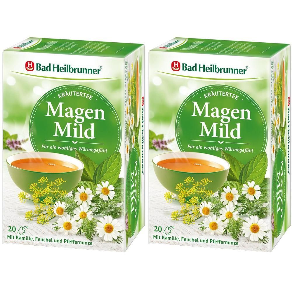 Zwei Kartons Kräutertee. Aufdruck: Bad Heilbrunner, Magen Mild, 20 Beutel. Abbildung: Tasse Tee, Kamille, Fenchel, Pfefferminze.