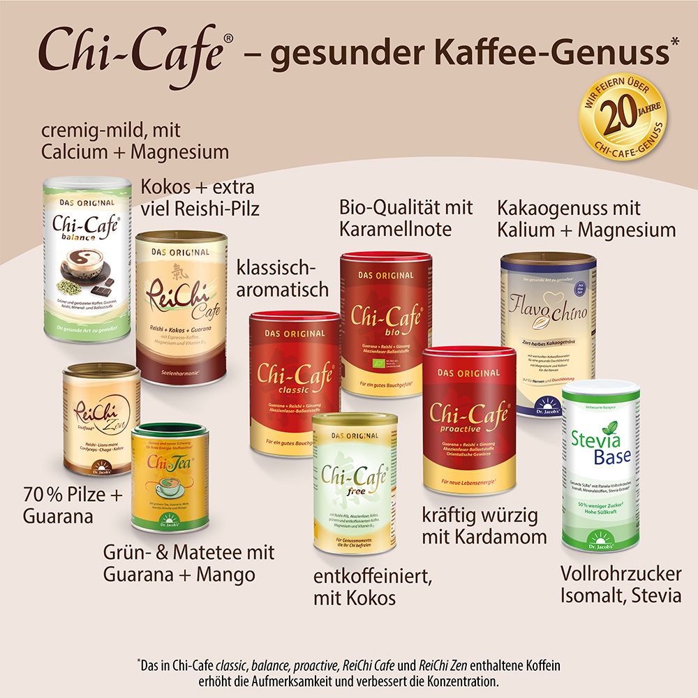 Verschiedene Chi-Cafe Dosen: cremig-mild mit Calcium + Magnesium, Kokos + Reishi, klassisch, Bio-Qualität, Kakao, 70% Pilze + Guarana, Grün- & Matetee, entkoffeiniert, Vollrohrzucker.