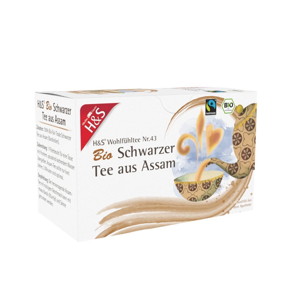 H&S Bio Schwarzer Tee aus Assam Packung. Weißer Karton mit Logo, Produktbezeichnung und Bio-Siegel. Fairtrade-Logo.