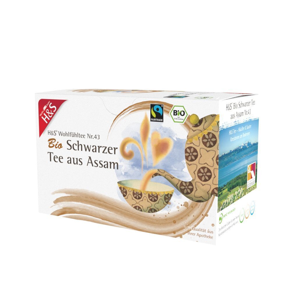 H&S Bio Schwarzer Tee aus Assam Packung. Ansicht schräg von vorne. Logo, Produktbezeichnung, Bio-Siegel und Fairtrade-Logo.
