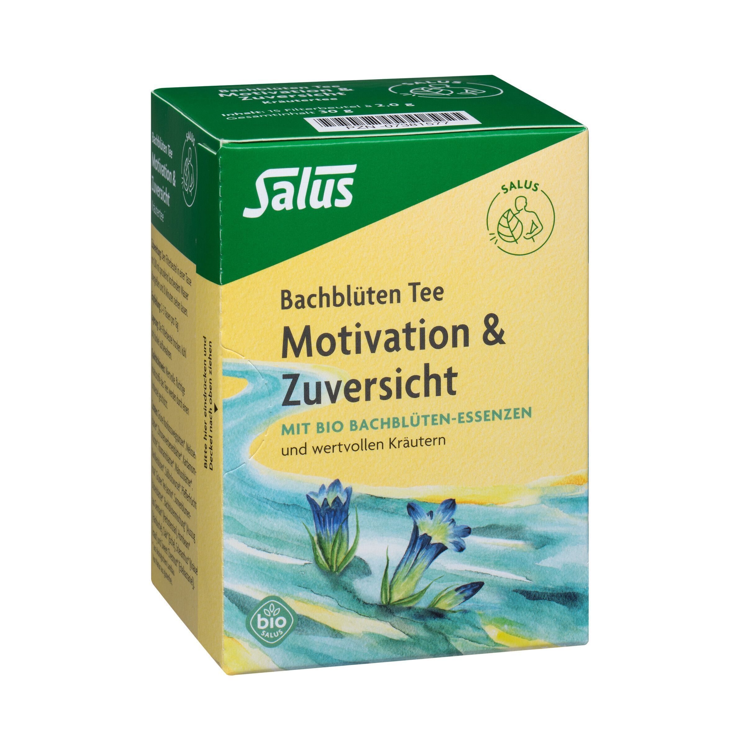 Teepackung. Aufschrift: Bachblüten Tee Motivation & Zuversicht. Marke Salus. Bio-Siegel. Blümchen-Illustration.