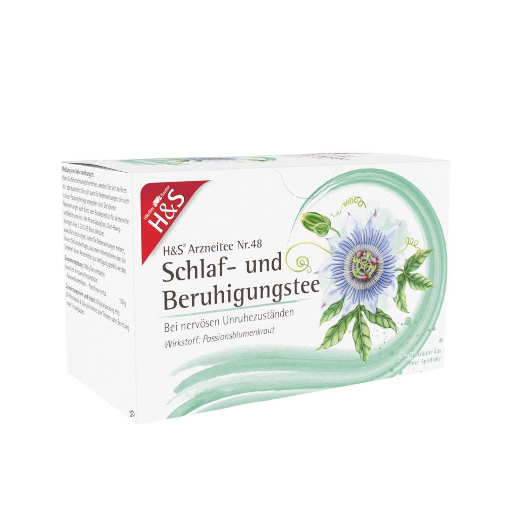 Packung H&S® Schlaf- und Beruhigungstee mit Seitenansicht und Textinformationen.