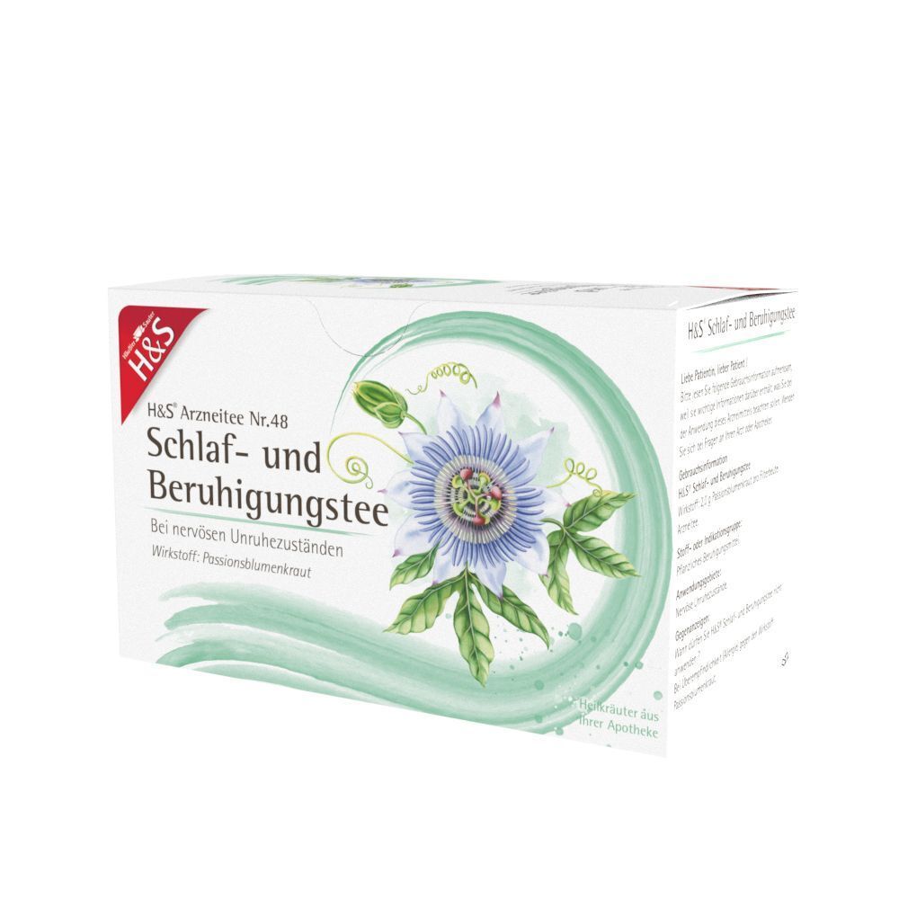 Packung H&S® Schlaf- und Beruhigungstee mit seitlicher Textansicht.