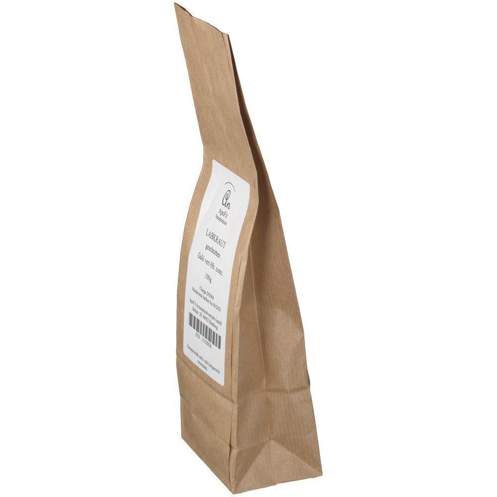 Braune Papiertüte mit Labkraut, Seitenansicht.