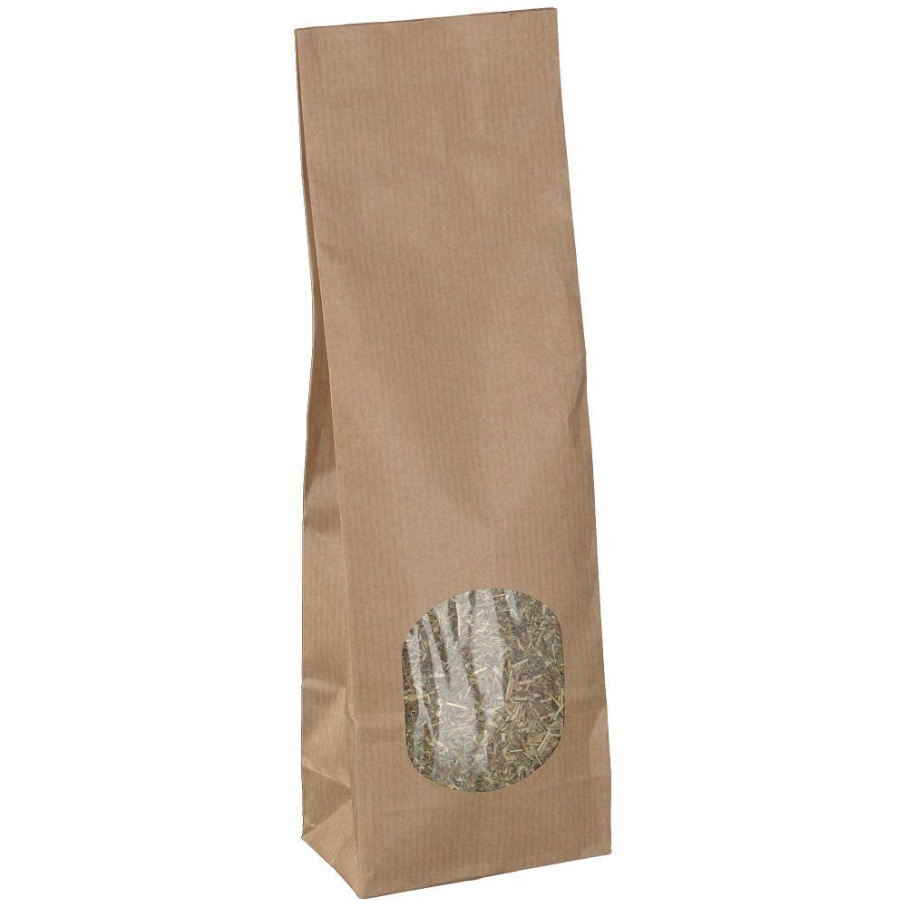 Braune Papiertüte mit Labkraut und Sichtfenster.