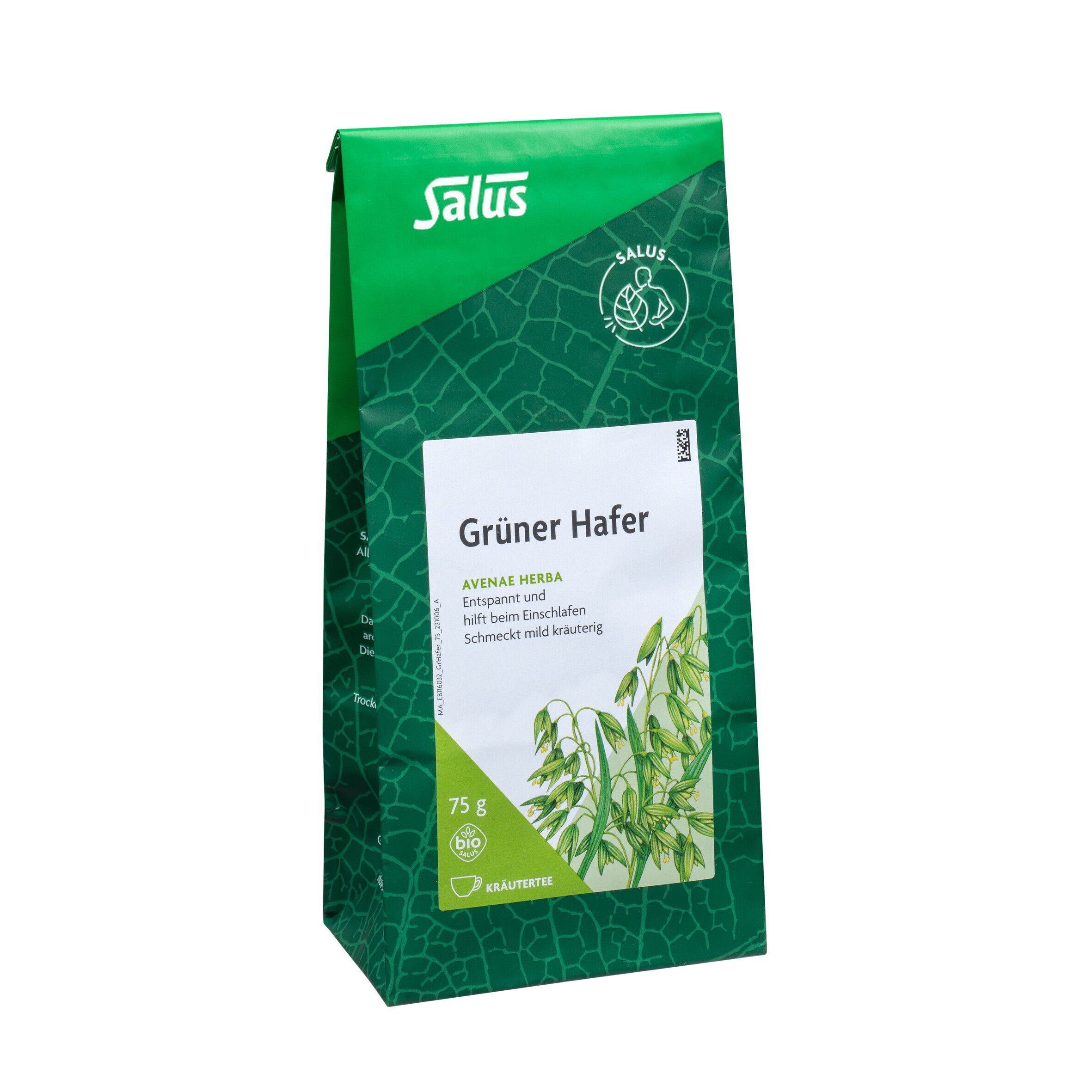 Grüner Beutel mit Aufschrift "Salus" und "Grüner Hafer". Enthält Text und eine Abbildung von Hafer.