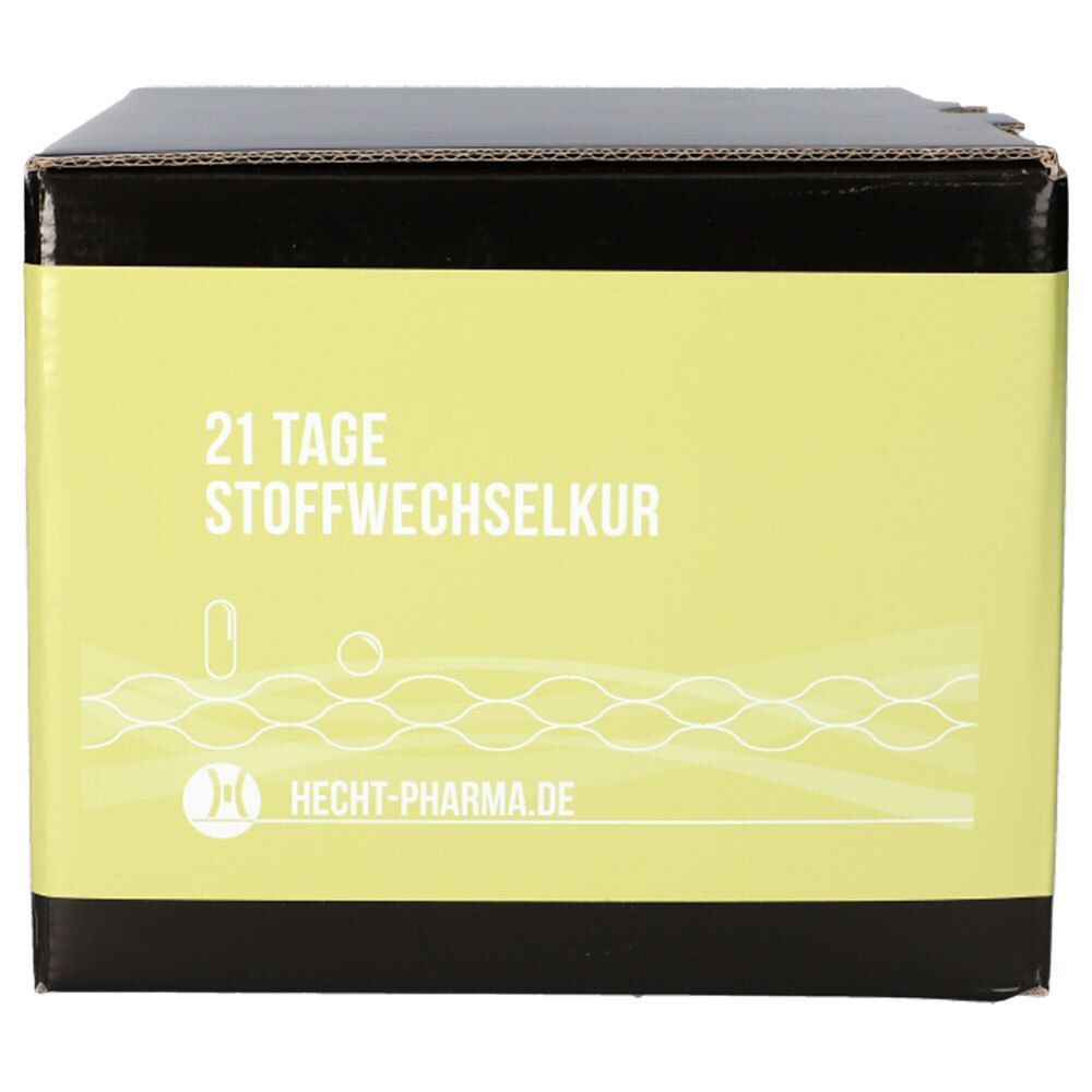 Karton. Aufdruck: 21 TAGE STOFFWECHSELKUR. Logo HECHT-PHARMA.DE. Gelber Hintergrund.