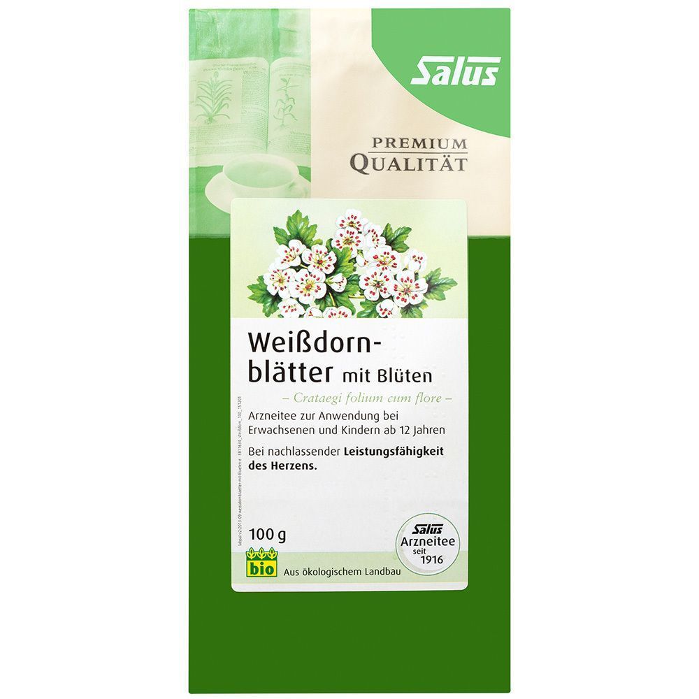 Vorderseite einer Packung Salus Weißdornblätter mit Blüten Arzneitee, 100g, Bio-Siegel und Arzneitee-Kennzeichnung.