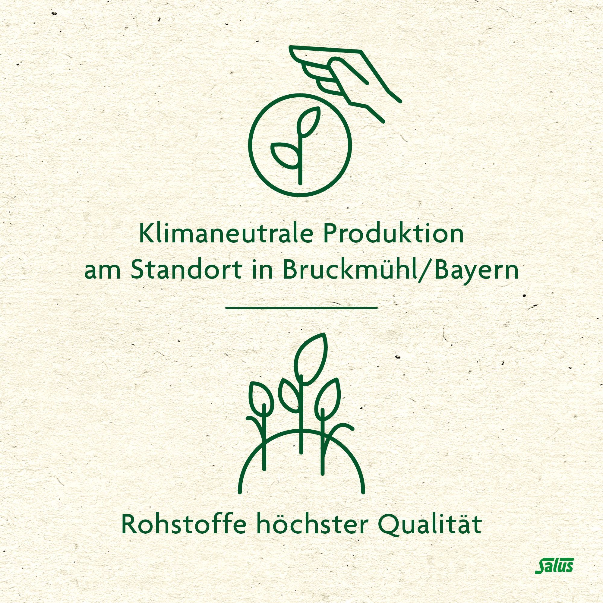 Grafiken: Klimaneutrale Produktion, Rohstoffe höchster Qualität. Salus Logo.