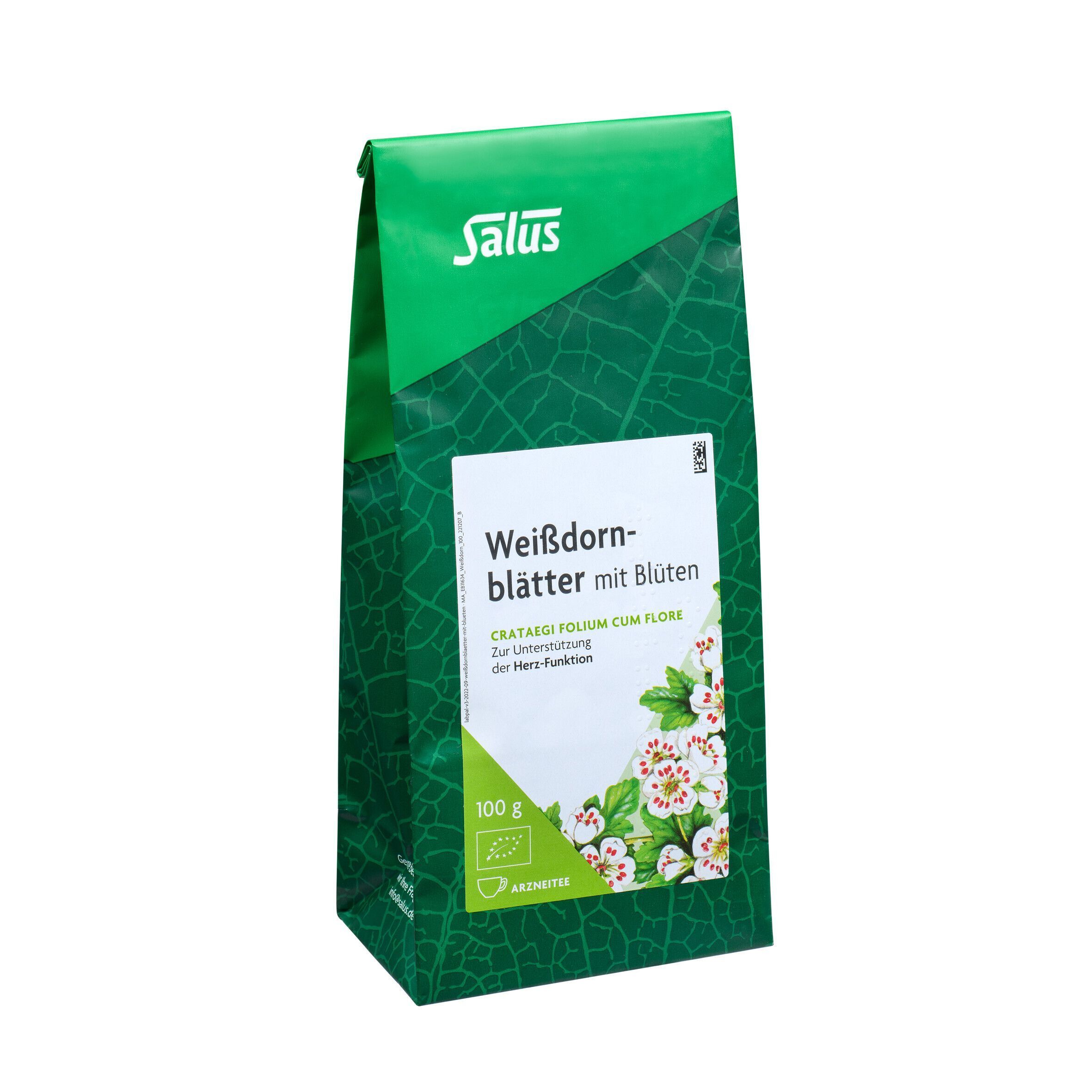 Eine Packung Salus Weißdornblätter mit Blüten Arzneitee, 100g, mit Blattmuster und Blütenabbildung.