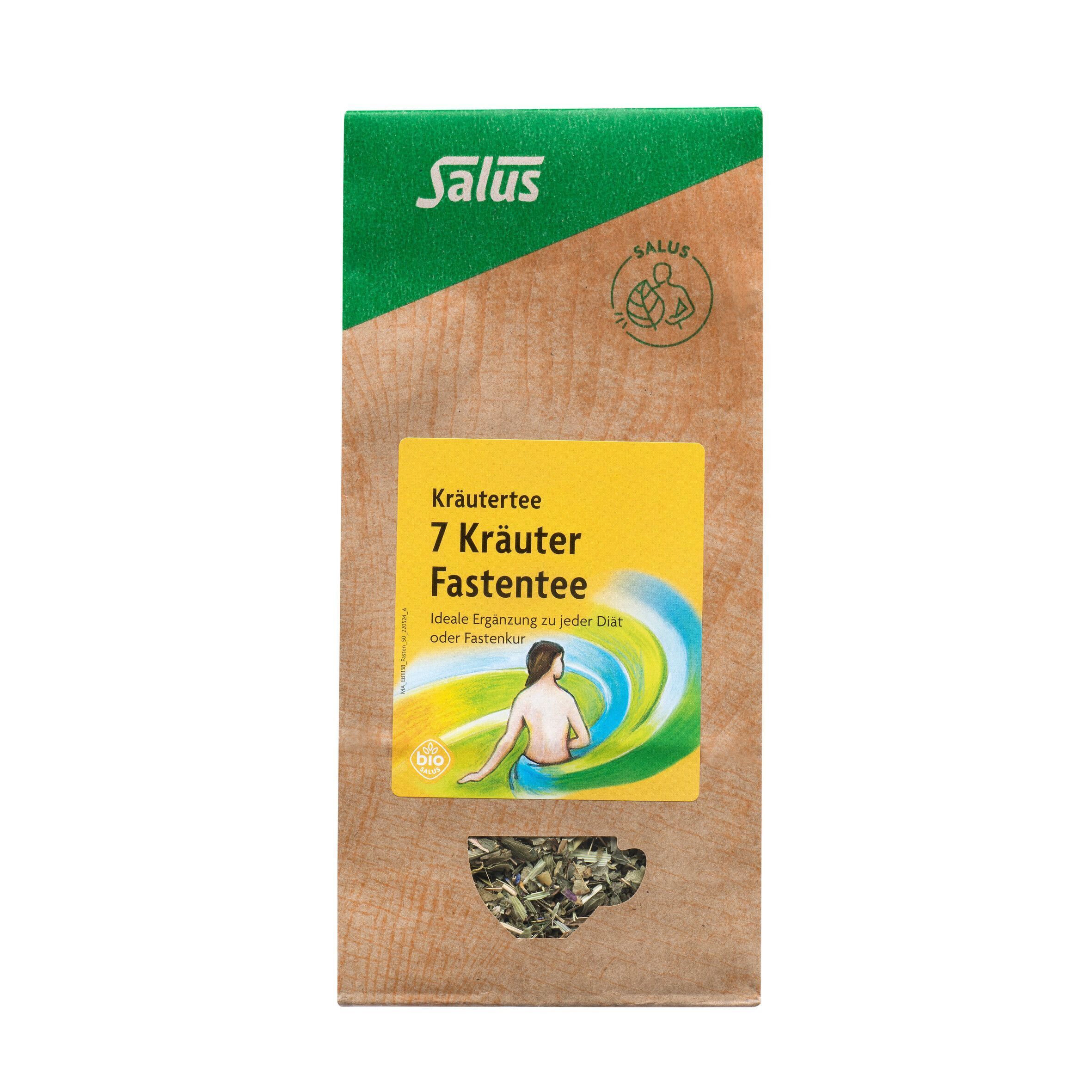 Kräutertee-Beutel. Marke Salus. Aufdruck: 7 Kräuter Fastentee. Braune Verpackung mit gelbem Etikett und grüner Banderole. Lose Teeblätter unten.