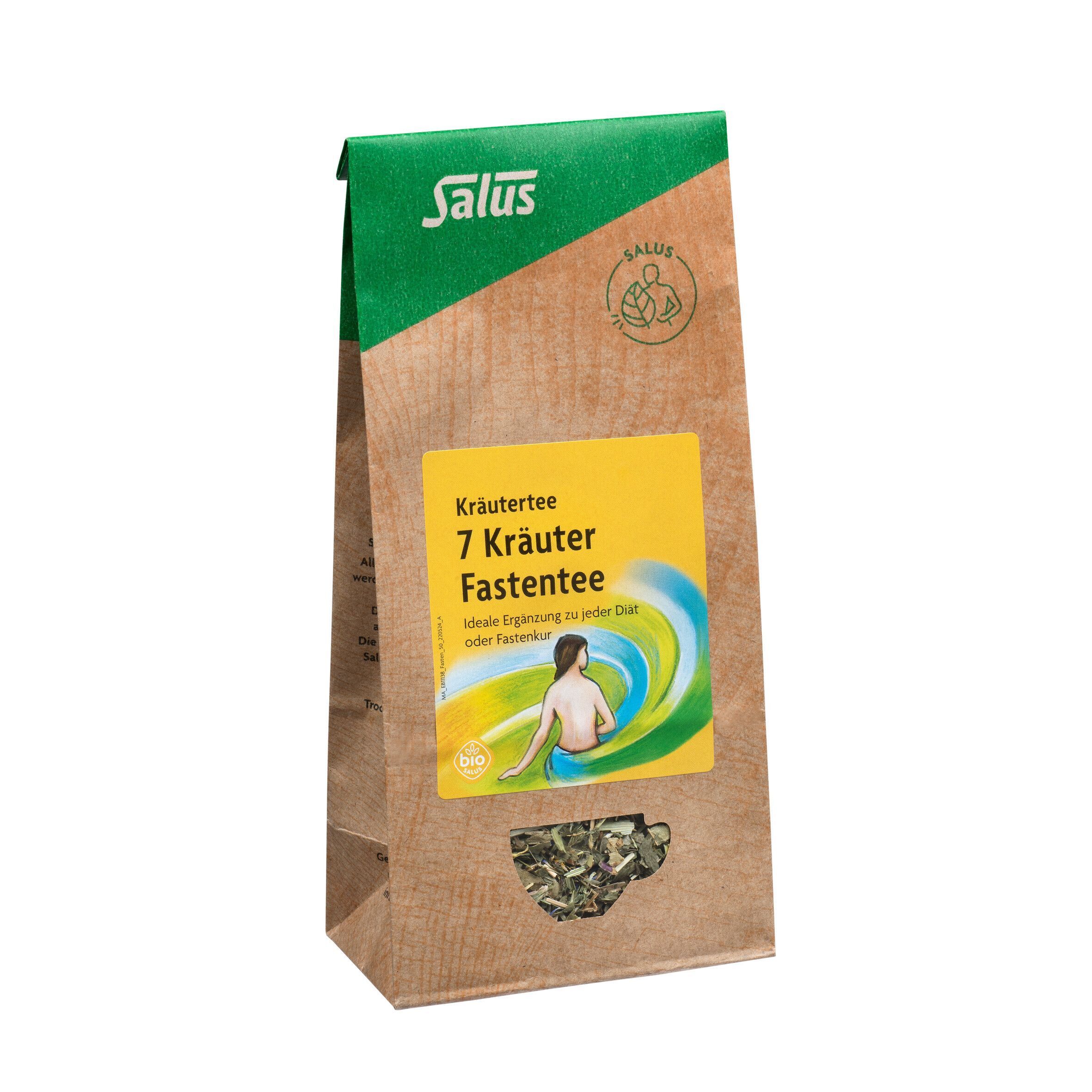 Kräutertee-Beutel. Marke Salus. Aufdruck: 7 Kräuter Fastentee. Braune Verpackung mit gelbem Etikett und grüner Banderole. Ansicht von vorne.