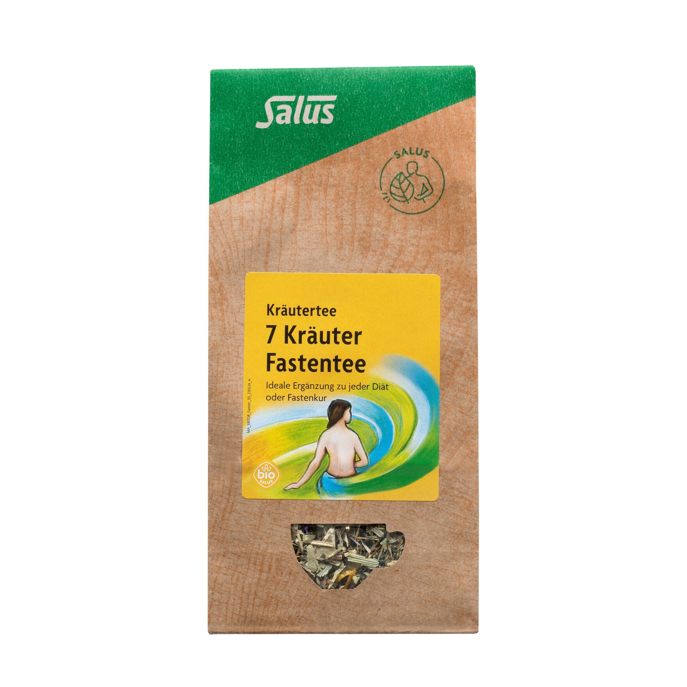 Kräutertee-Beutel. Marke Salus. Aufdruck: 7 Kräuter Fastentee. Braune Verpackung mit gelbem Etikett und grüner Banderole. Ansicht von vorne.