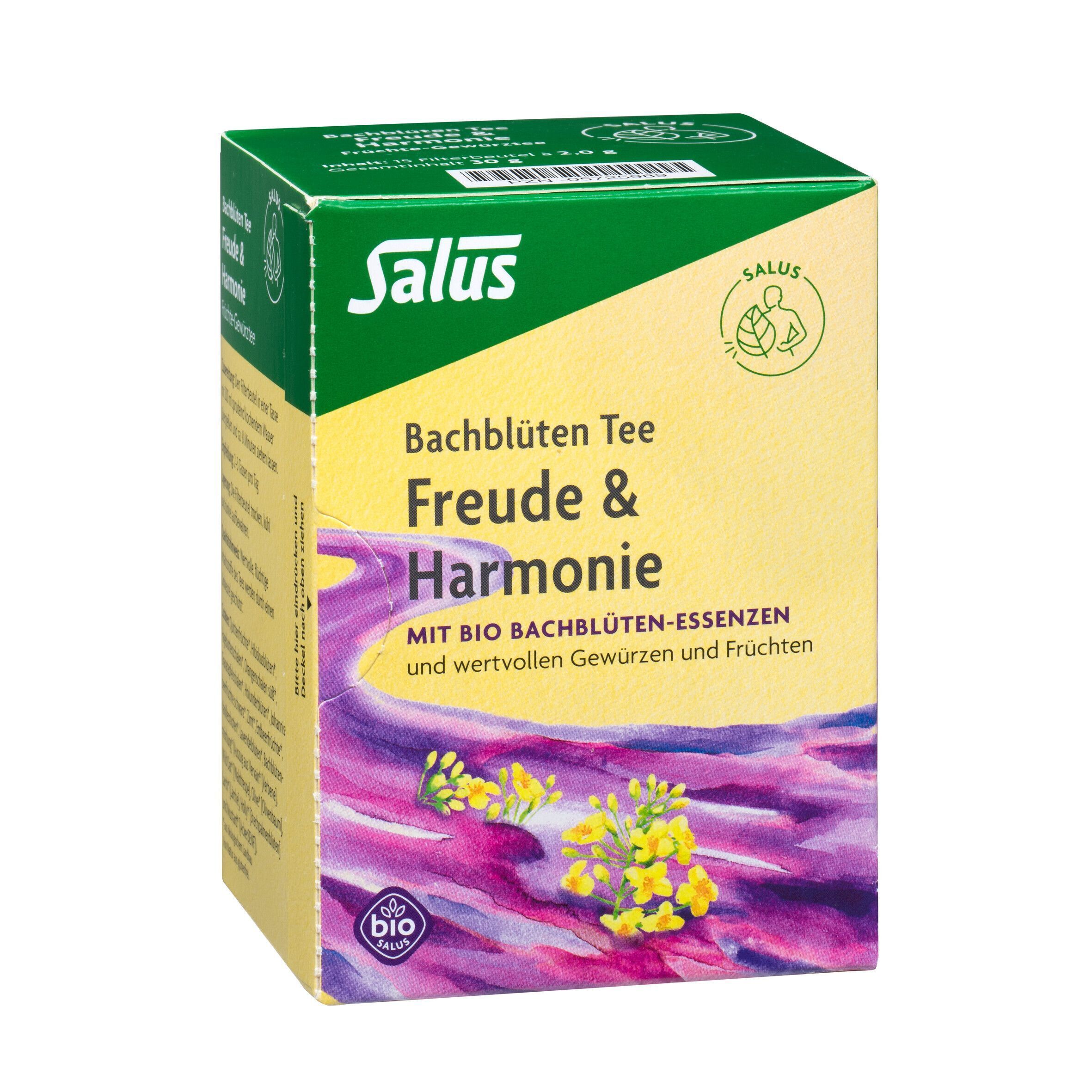Teepackung. Aufschrift: Bachblüten Tee Freude & Harmonie. Mit Bio-Bachblüten-Essenzen. Salus Logo.