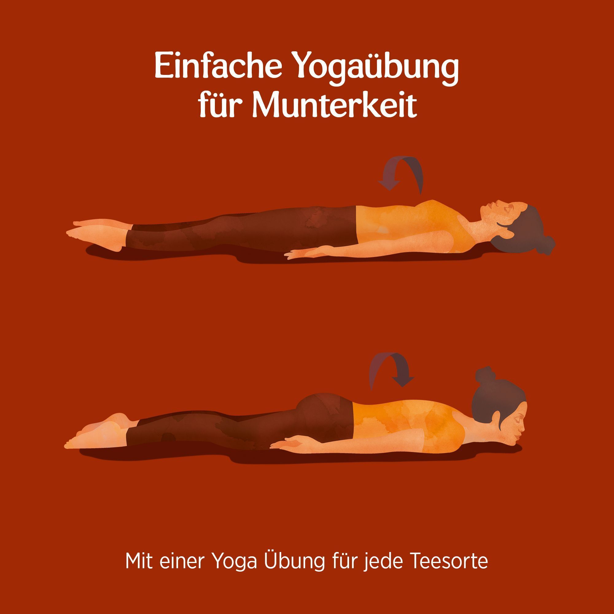 Illustration einer Yogaübung. Zwei Personen in Rückenlage, Arme angewinkelt. Text: Einfache Yogaübung für Munterkeit. Roter Hintergrund.