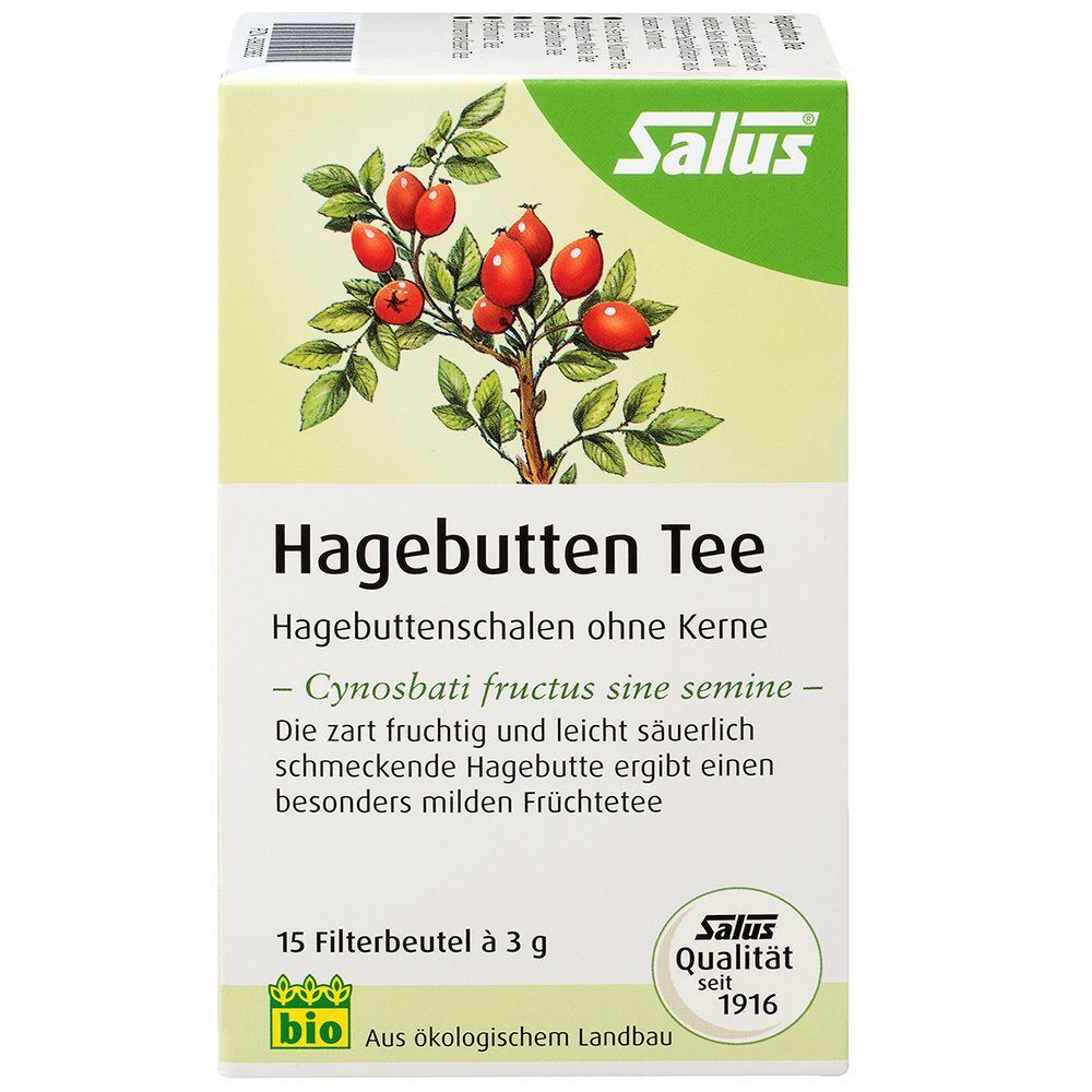 Hagebutten Tee Salus Bio Packung. Weißer Karton mit grünen Akzenten, Logo und Produktbezeichnung. 15 Filterbeutel.