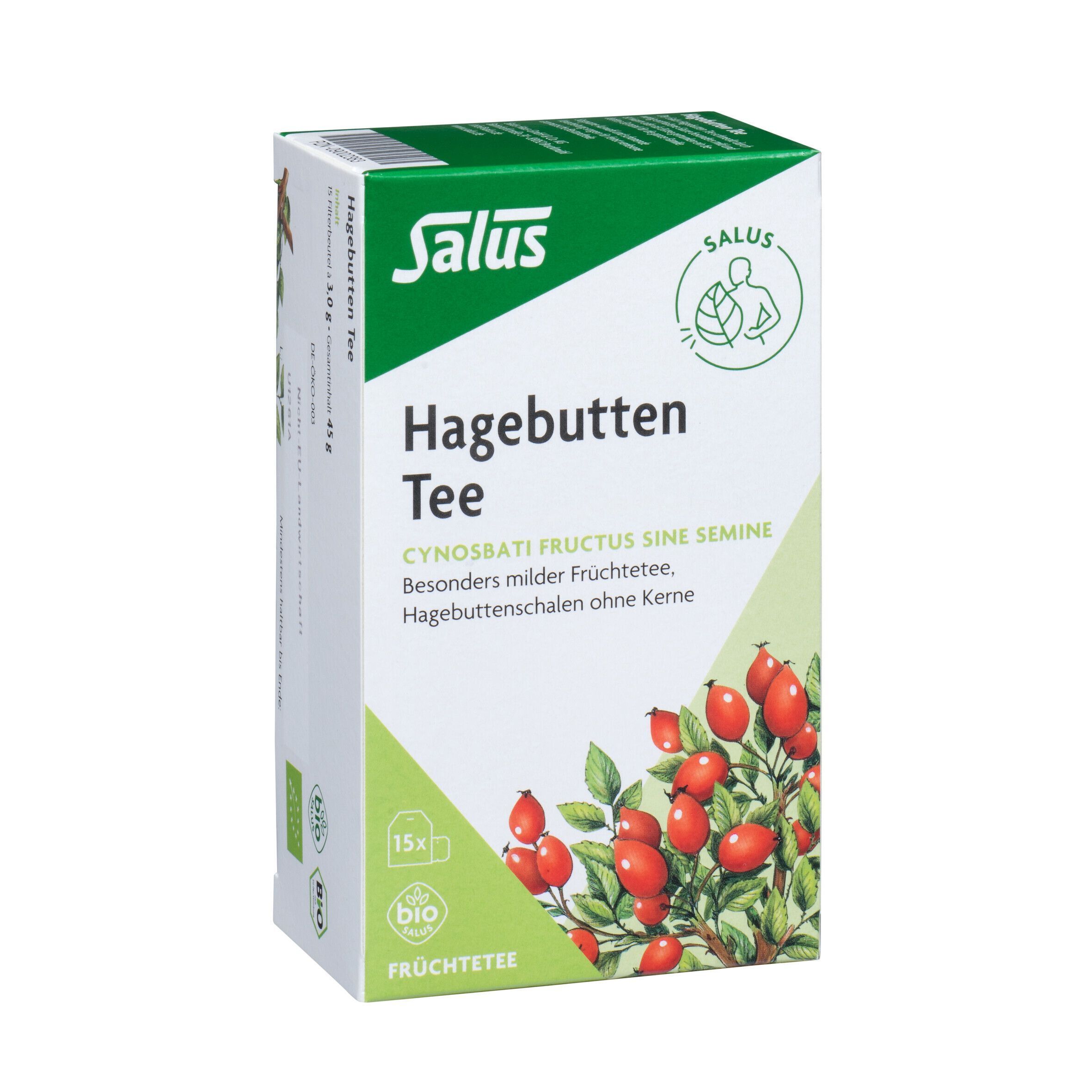 Hagebutten Tee Salus Bio Packung. Weißer Karton mit grünen Akzenten, Logo und Produktbezeichnung. 15 Filterbeutel.