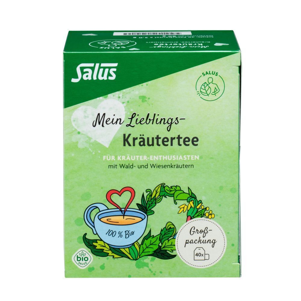 Kräutertee-Verpackung. Grün mit Logo und Produktbezeichnung. Bio-Siegel. Großpackung mit 40 Beuteln.