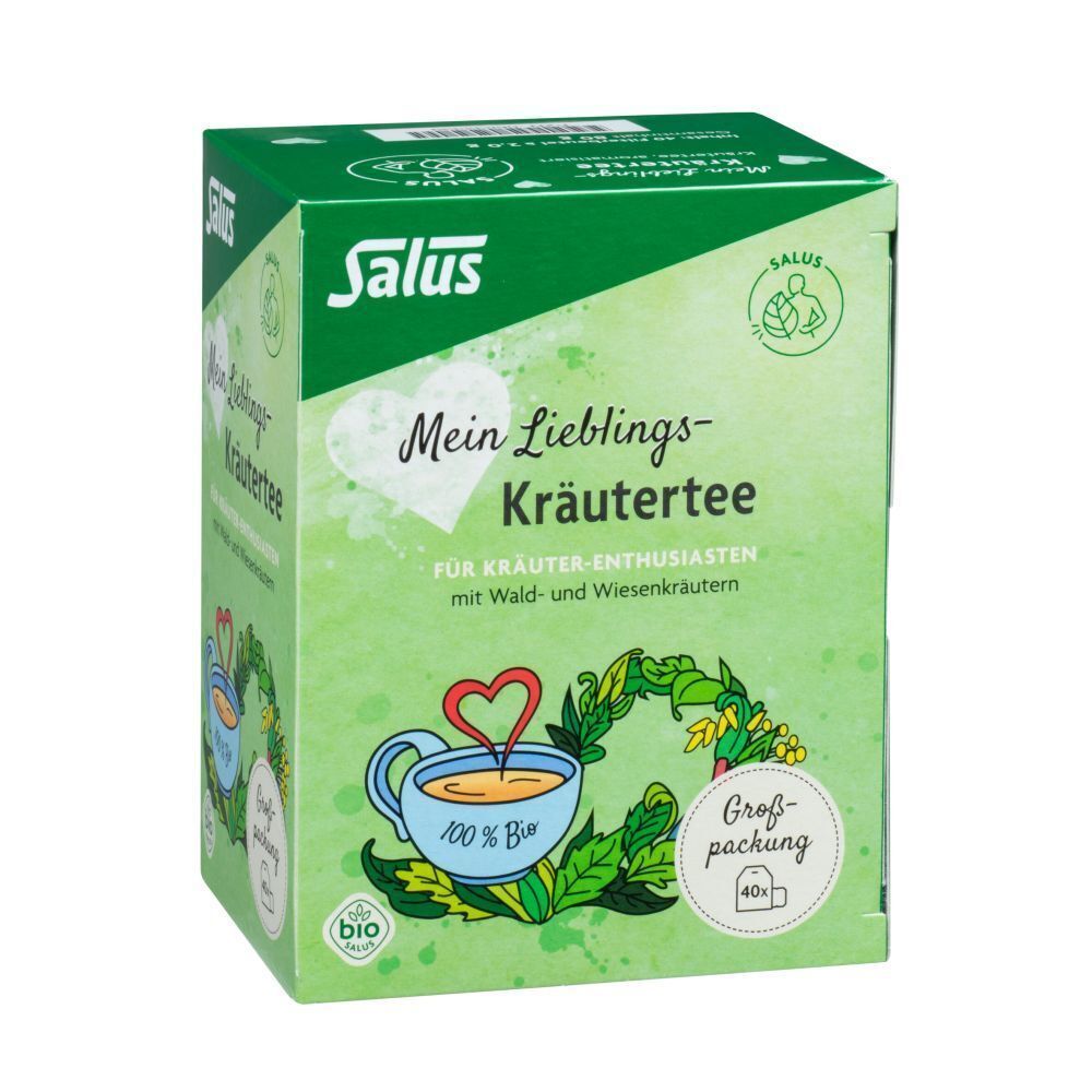 Kräutertee-Verpackung. Grün mit Logo und Produktbezeichnung. Bio-Siegel. Großpackung mit 40 Beuteln.