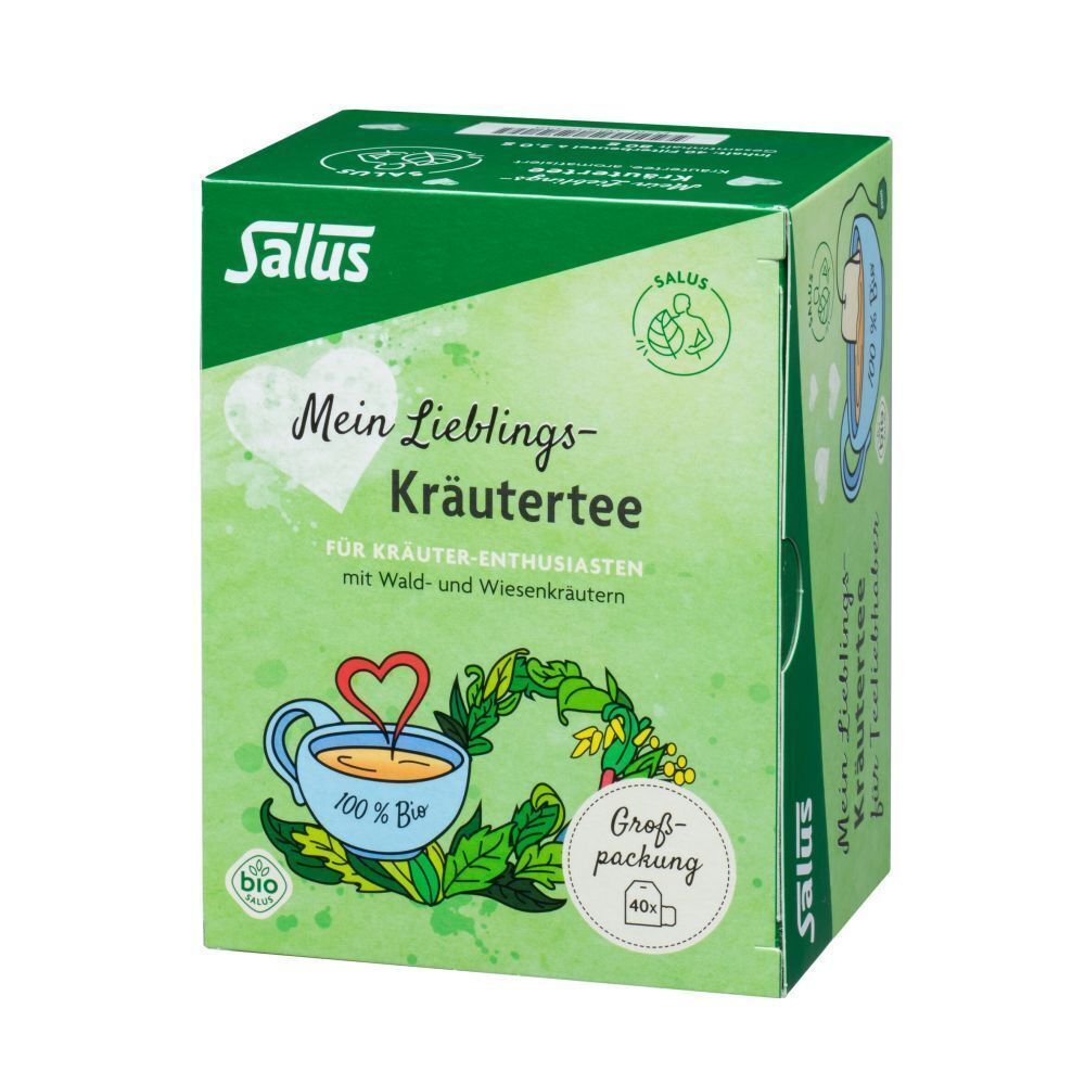 Kräutertee-Verpackung. Grün mit Logo und Produktbezeichnung. Bio-Siegel. Großpackung mit 40 Beuteln.