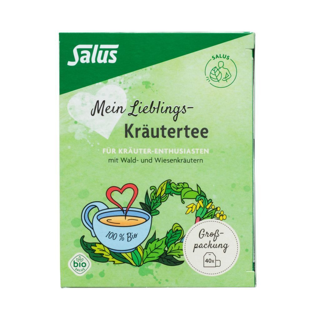 Kräutertee-Verpackung. Grün mit Logo und Produktbezeichnung. Bio-Siegel. Großpackung mit 40 Beuteln.