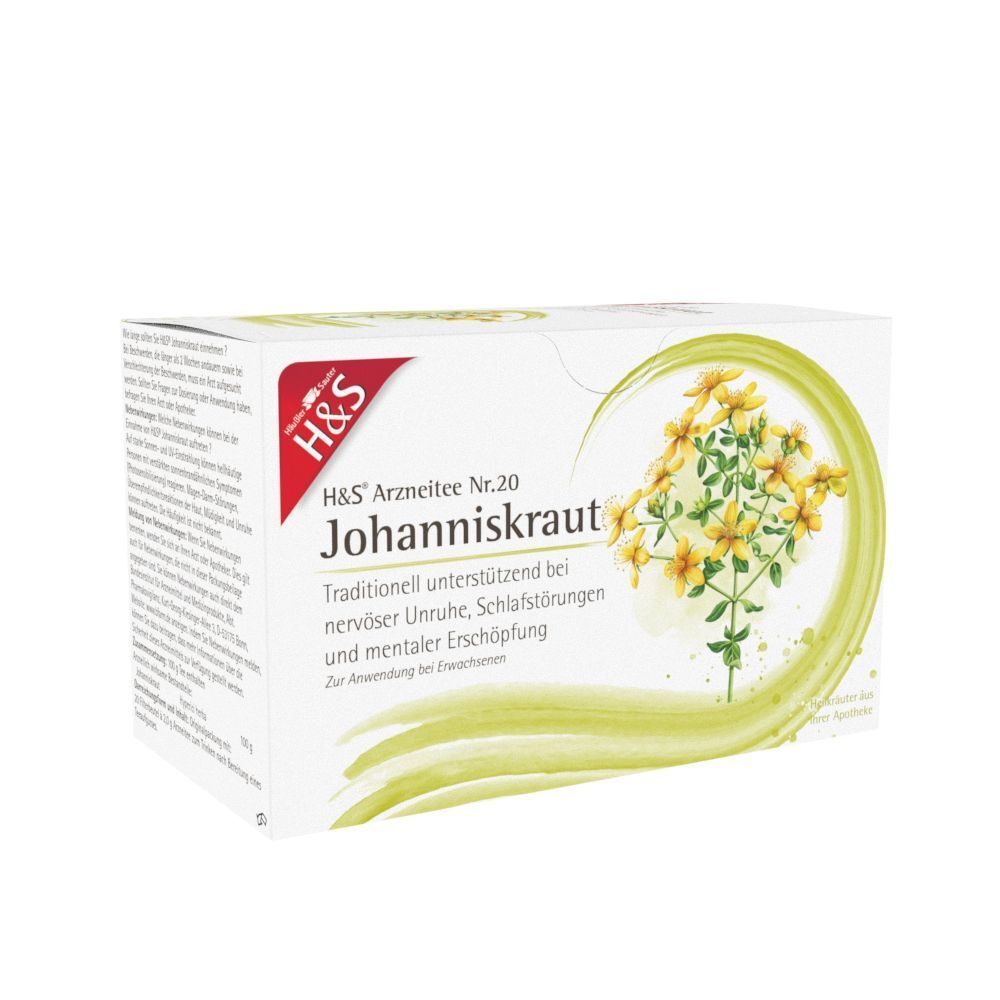 Eine Packung H&S Johanniskraut Nr. 20 Tee mit gelben Blüten.
