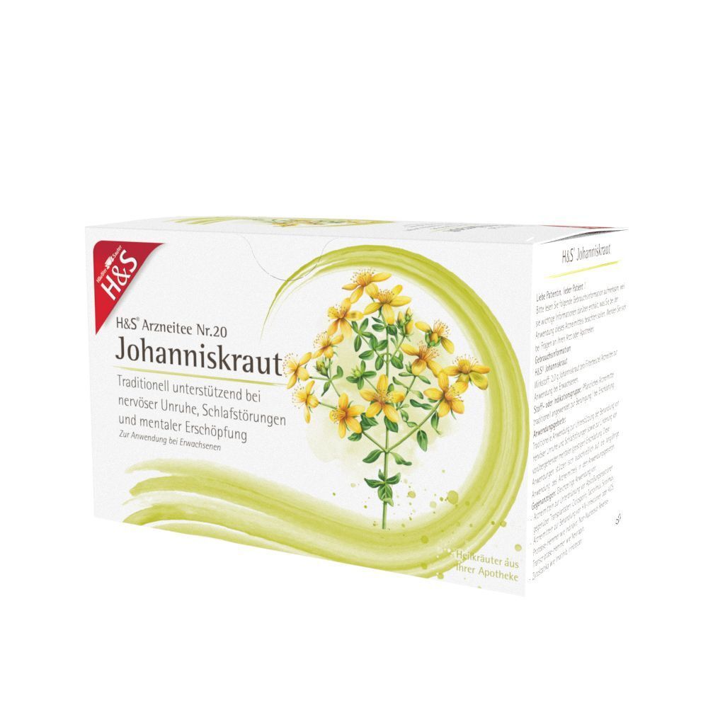 Eine Packung H&S Johanniskraut Nr. 20 Tee mit gelben Blüten.