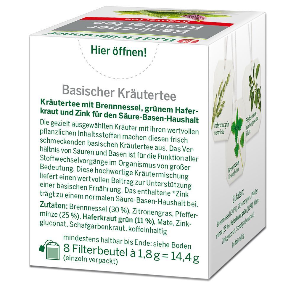 Geöffnete Teepackung. Weißer Karton mit Produktinformationen und Zutatenliste. 8 Filterbeutel, einzeln verpackt.