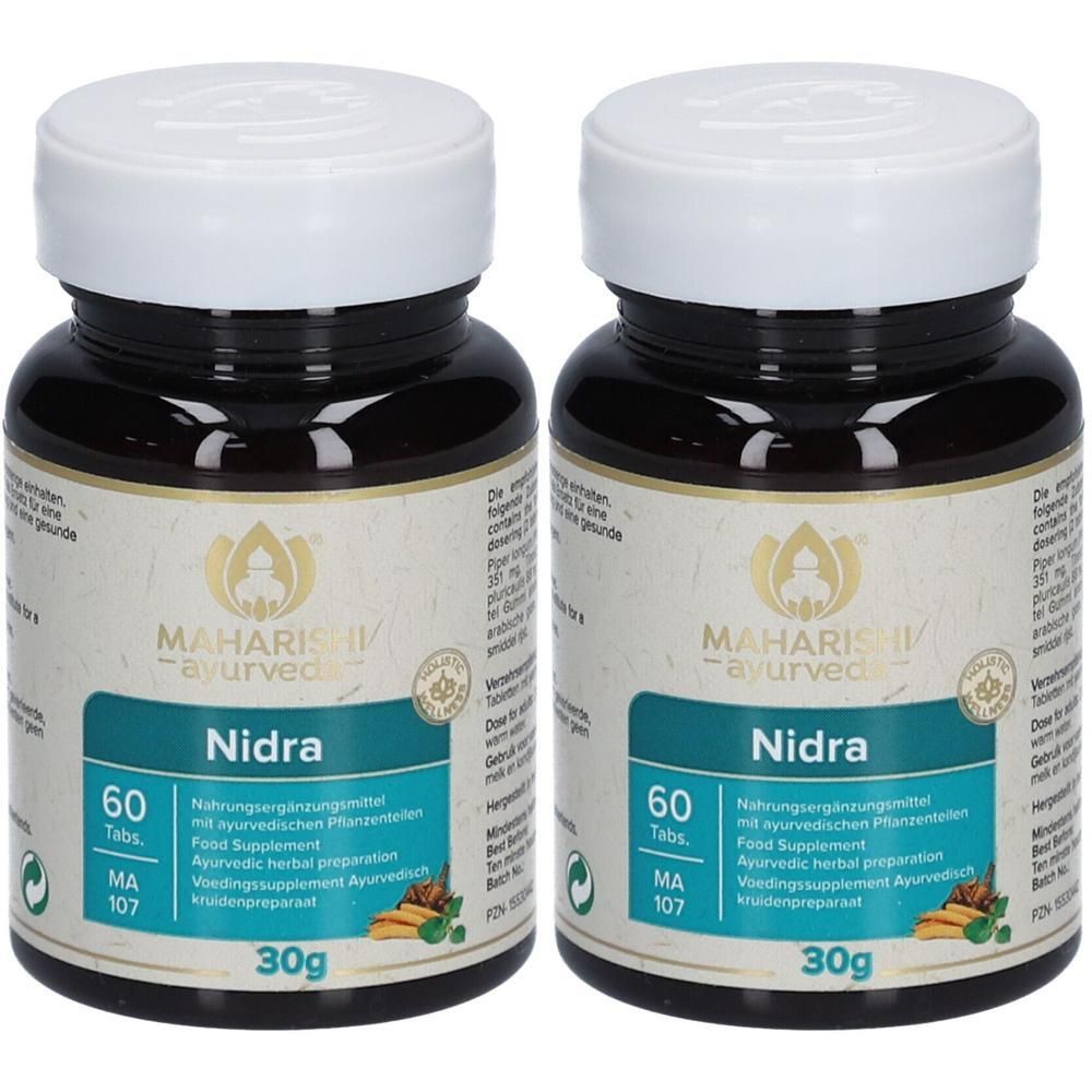 Zwei Flaschen mit weißen Deckeln. Aufschrift: Nidra, 60 Tabletten, 30g. Marke: Maharishi Ayurveda.