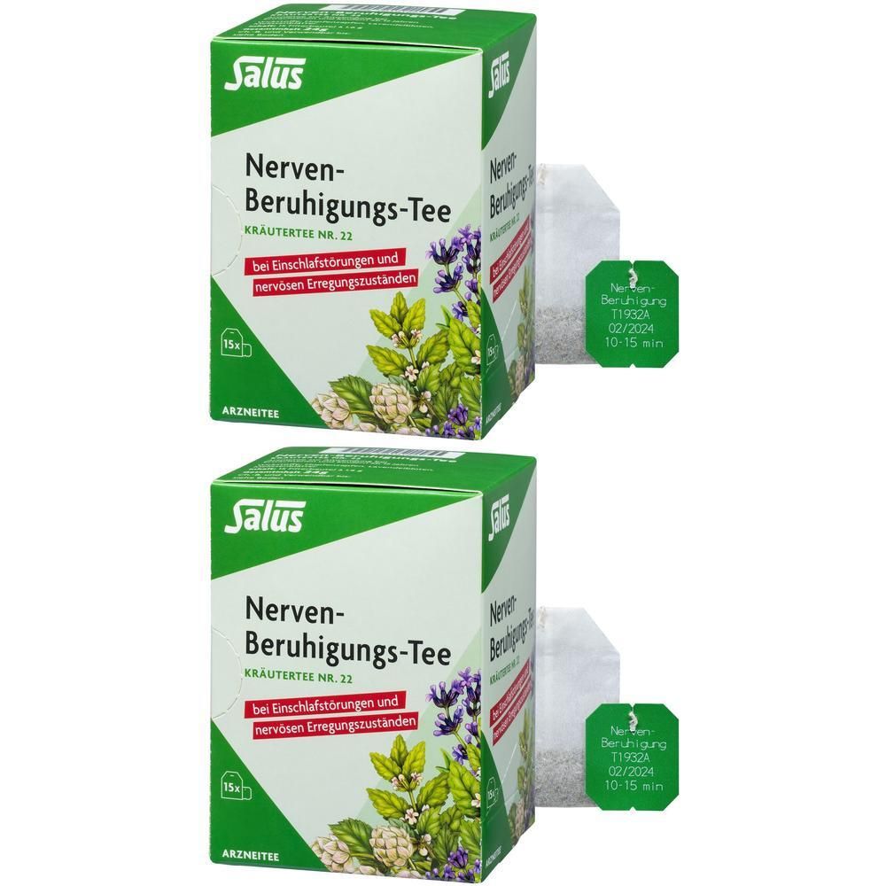 Zwei Schachteln Salus Nerven-Beruhigungs-Tee Kräutertee Nr. 22, mit je 15 Teebeuteln.